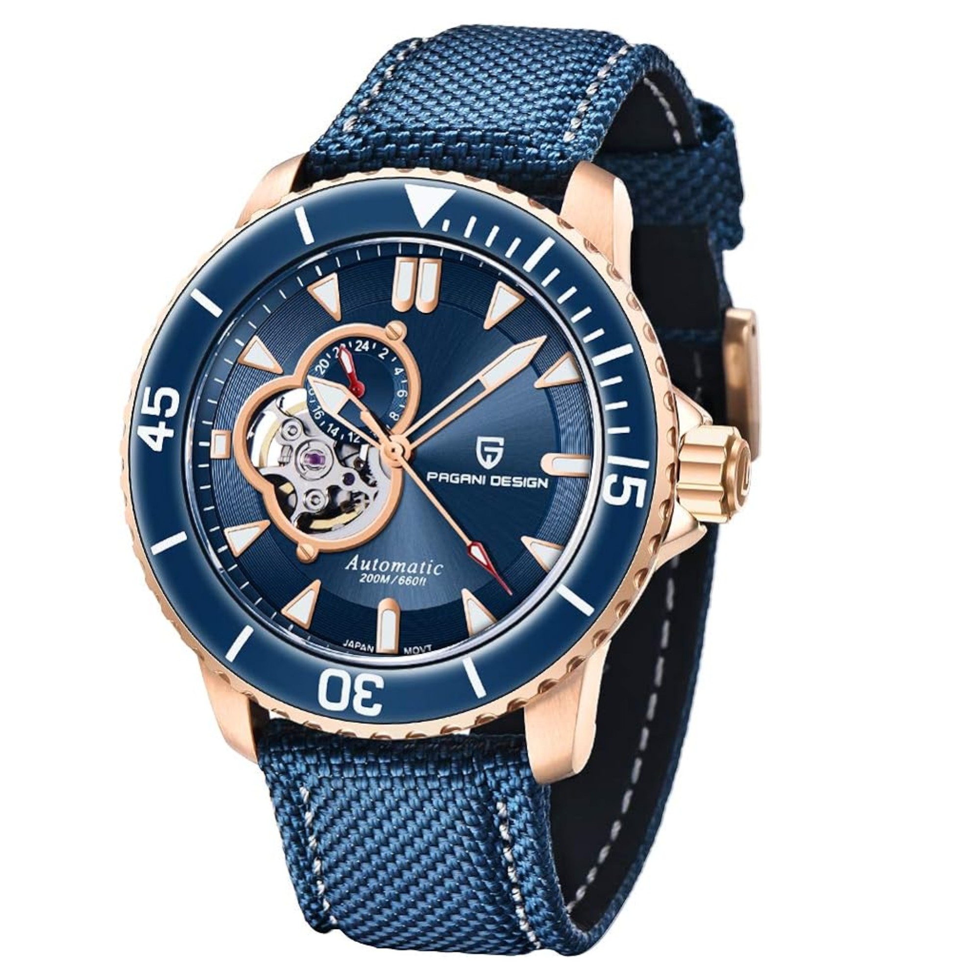 Pagani Design PD-1674 Men's Watches NH39A Automatic Mechanical Wrist Watch for Men C3/BGW9 Luxury Waterproof Stainless Steel Nylon Leather Watchband - Blue Golden Dial