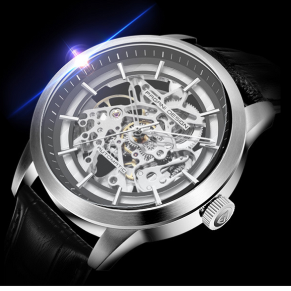 Pagani Design PD-1638 2023 Men's Automatic Skeleton Mechanical Automatic Stainless Steel Watch With Leather Strap Pointer Series 100 Meters Waterproof