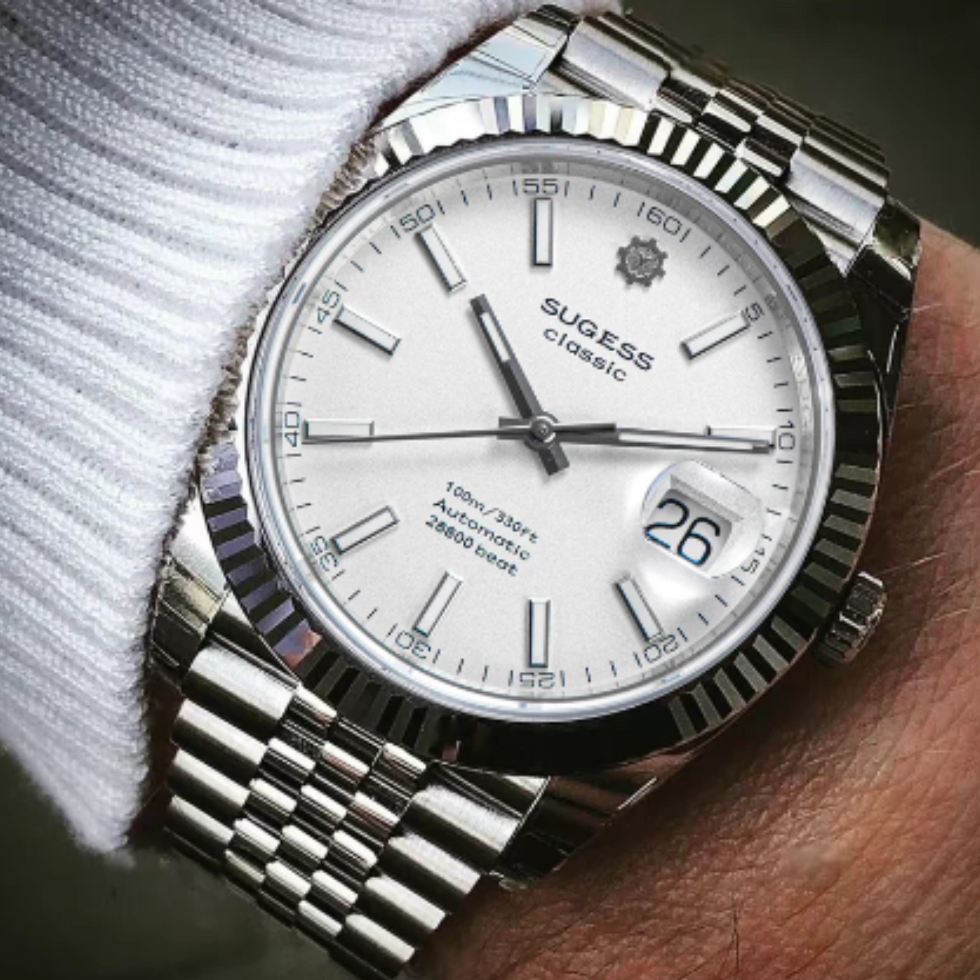 Sugess S448 White Dial Fluted Bezel Jubilee Bracelet ST2130
