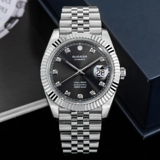 Sugess Automatic Classic S448 Grey Dial Crystal Indices Fluted Bezel Jubilee Bracelet ST2130