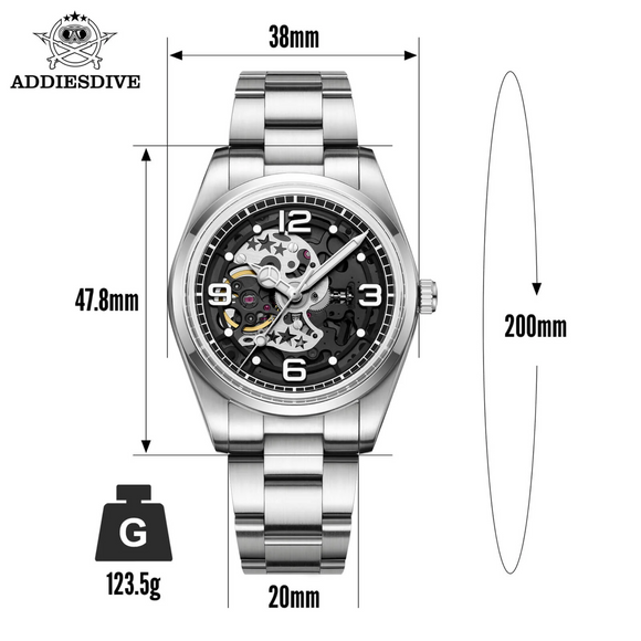 ADDIESDIVE 38mm Automatic Watch For Men water resistant with skeleton Dial (AD2111）