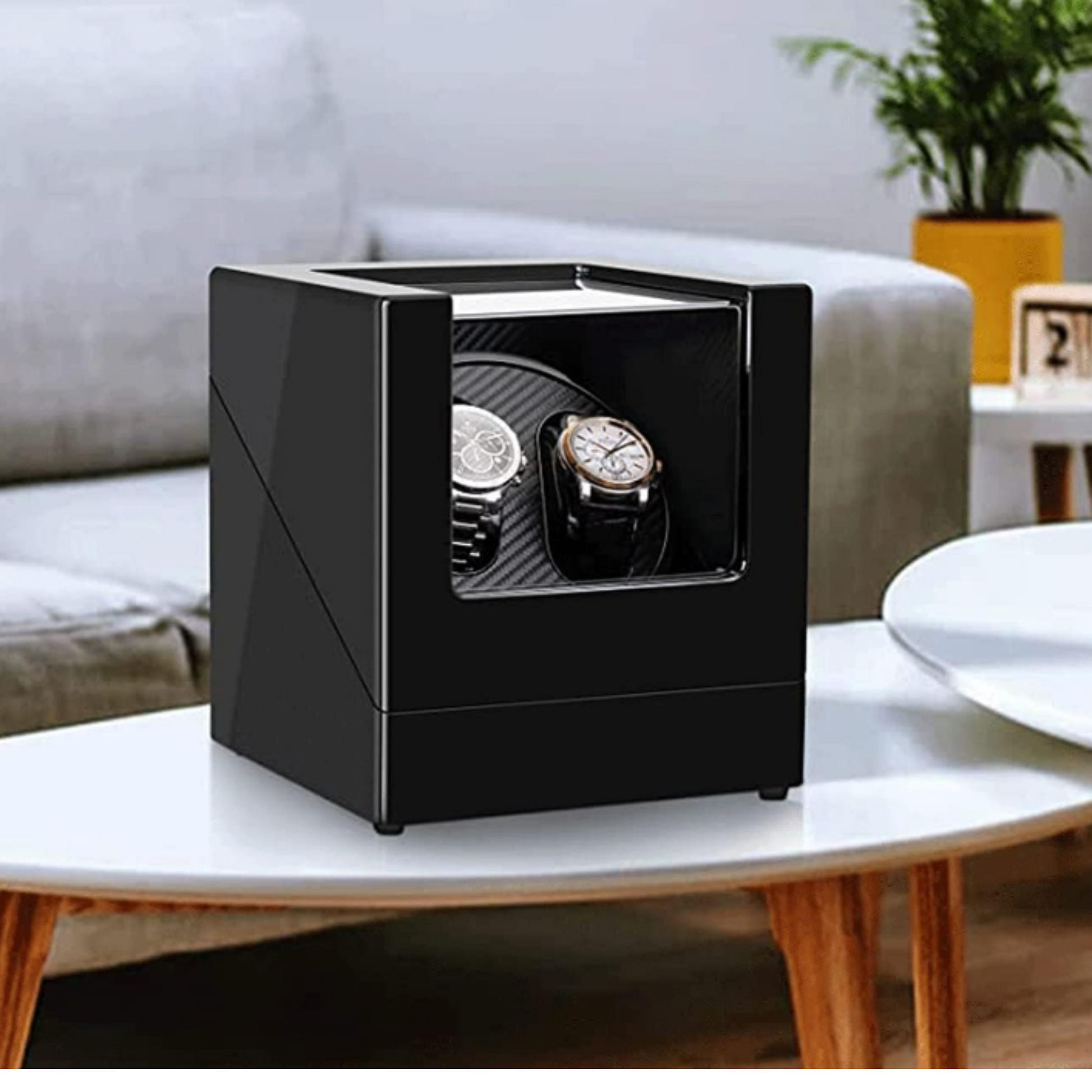 Automatic Double Watch Winder Box Luxurious Wooden Shell Piano Paint Exterior & Silent Wrist Watch Motor: Black-Carbon Fiber
