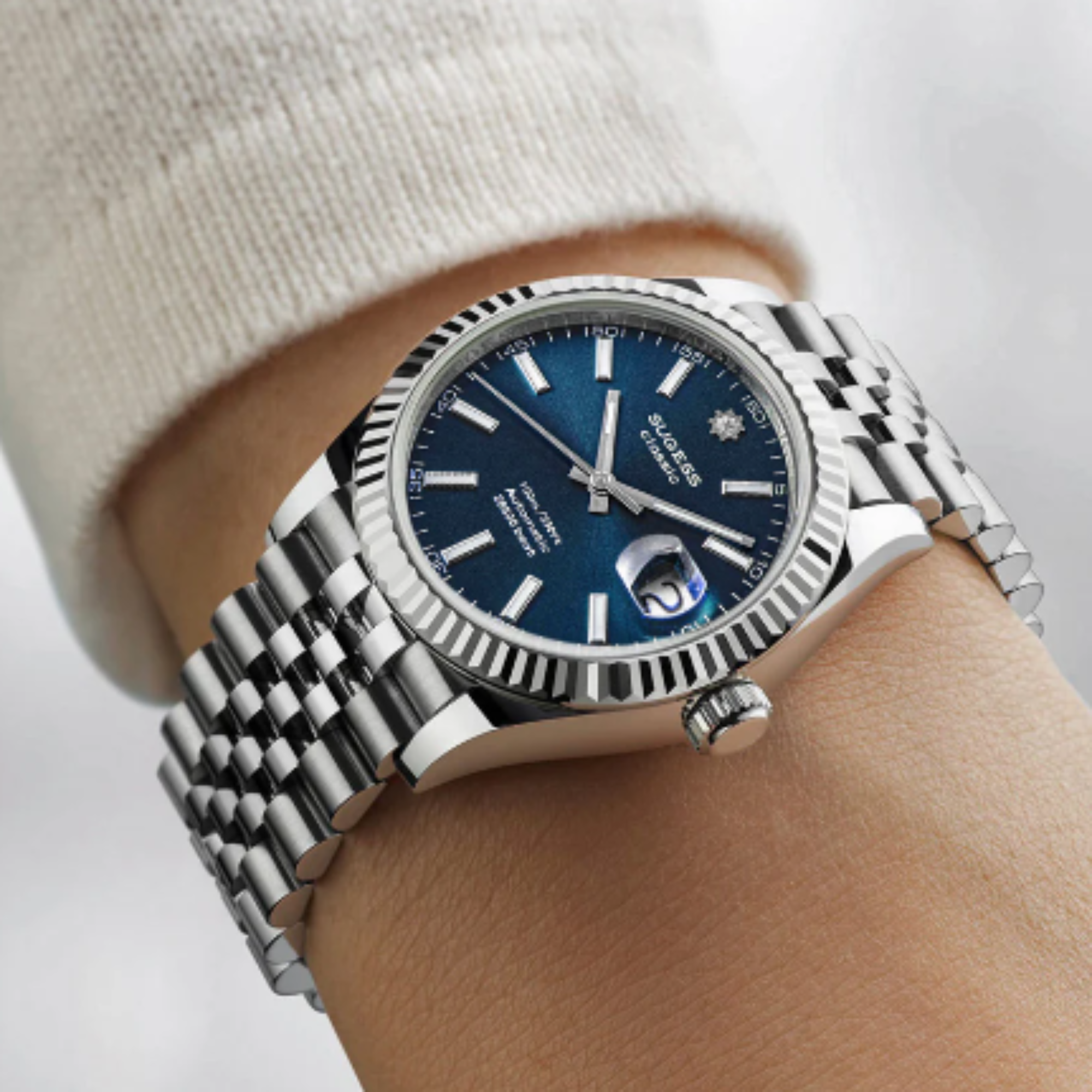 Sugess Automatic Classic S448 Deep Blue Dial Fluted Bezel Jubilee Bracelet ST2130