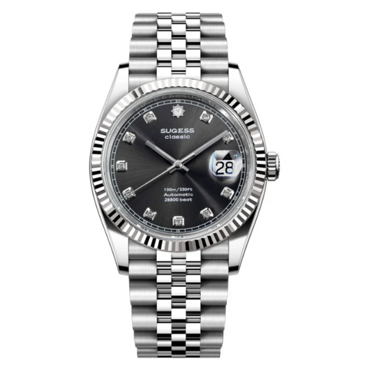 Sugess Automatic Classic S448 Grey Dial Crystal Indices Fluted Bezel Jubilee Bracelet ST2130