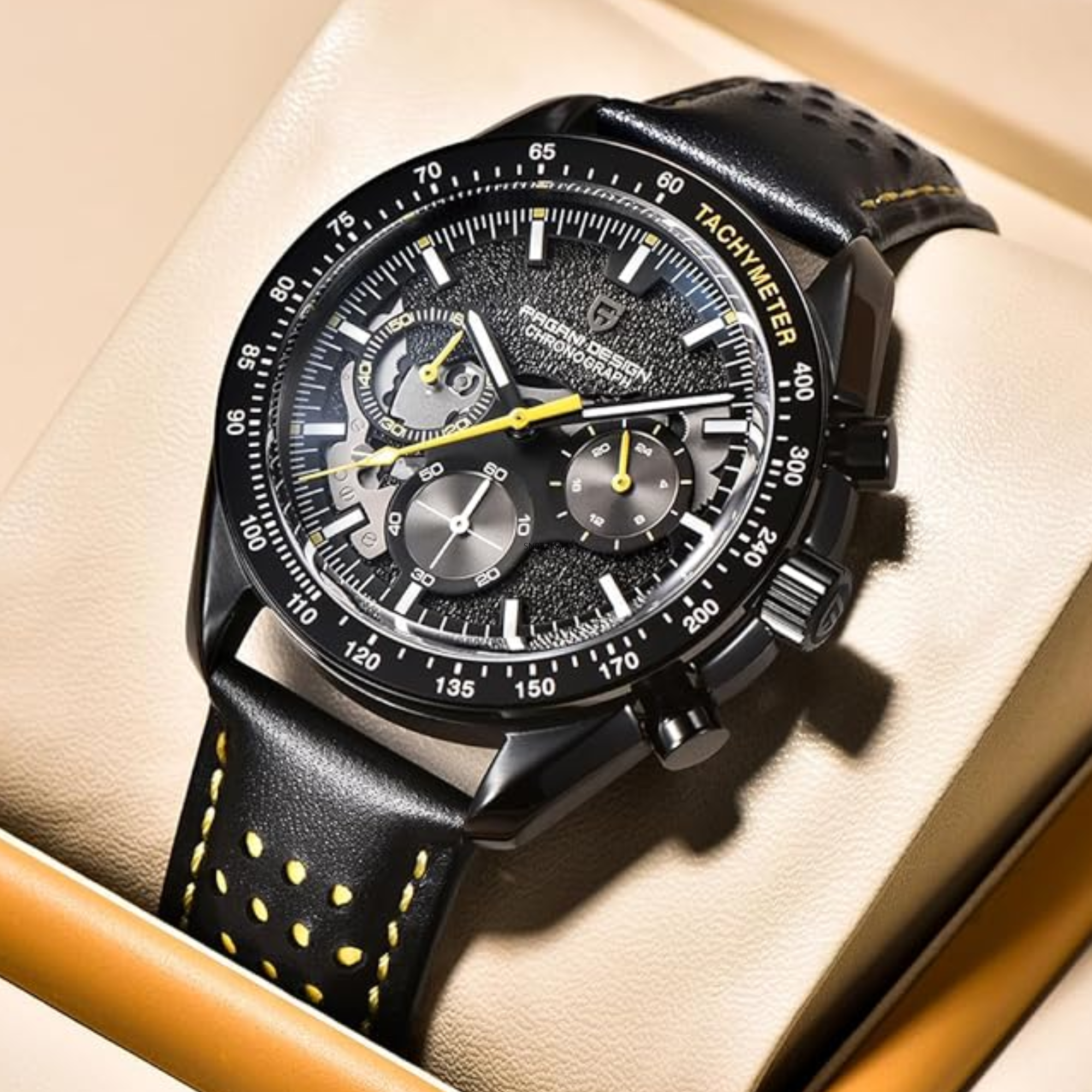 Pagani Design PD-1779 Moon Back Men's Watches Luxury Quartz Watch Men Skeleton Sport Chronograph AR Sapphire Glass Wrist Watch - Yellow