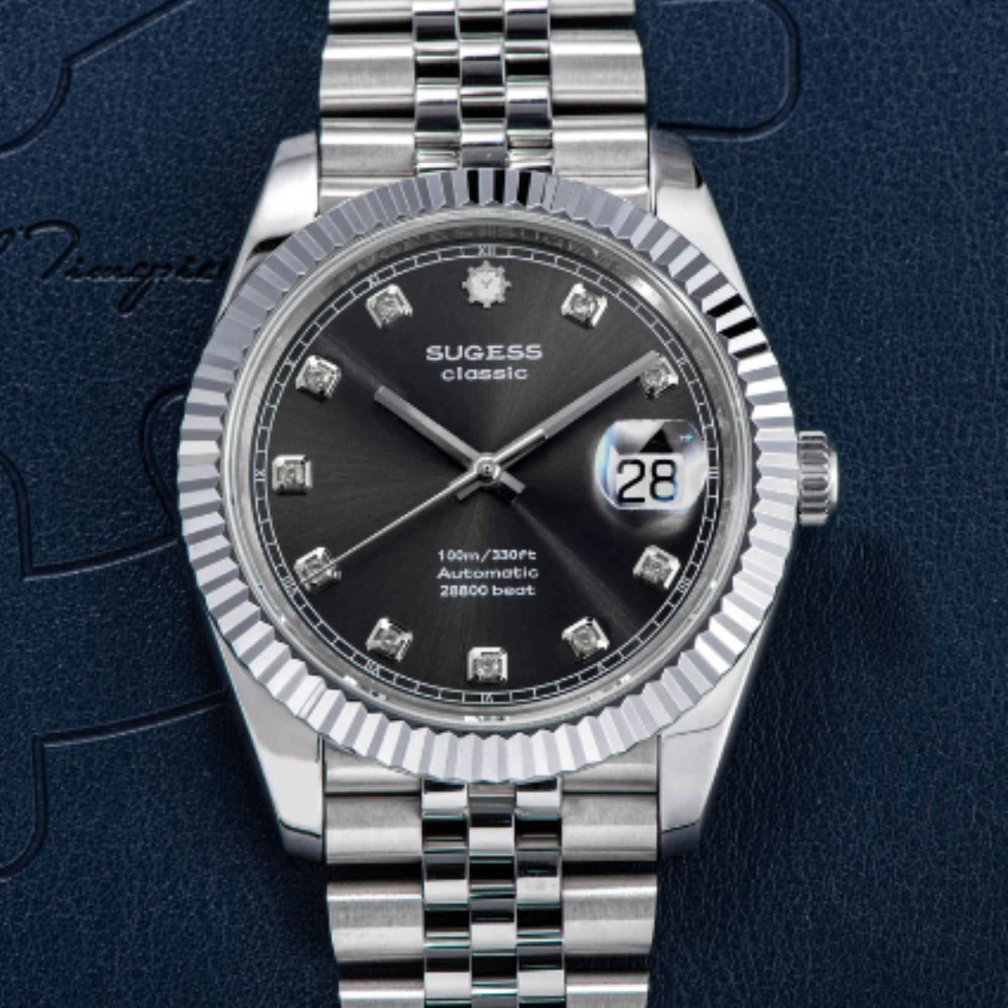 Sugess Automatic Classic S448 Grey Dial Crystal Indices Fluted Bezel Jubilee Bracelet ST2130