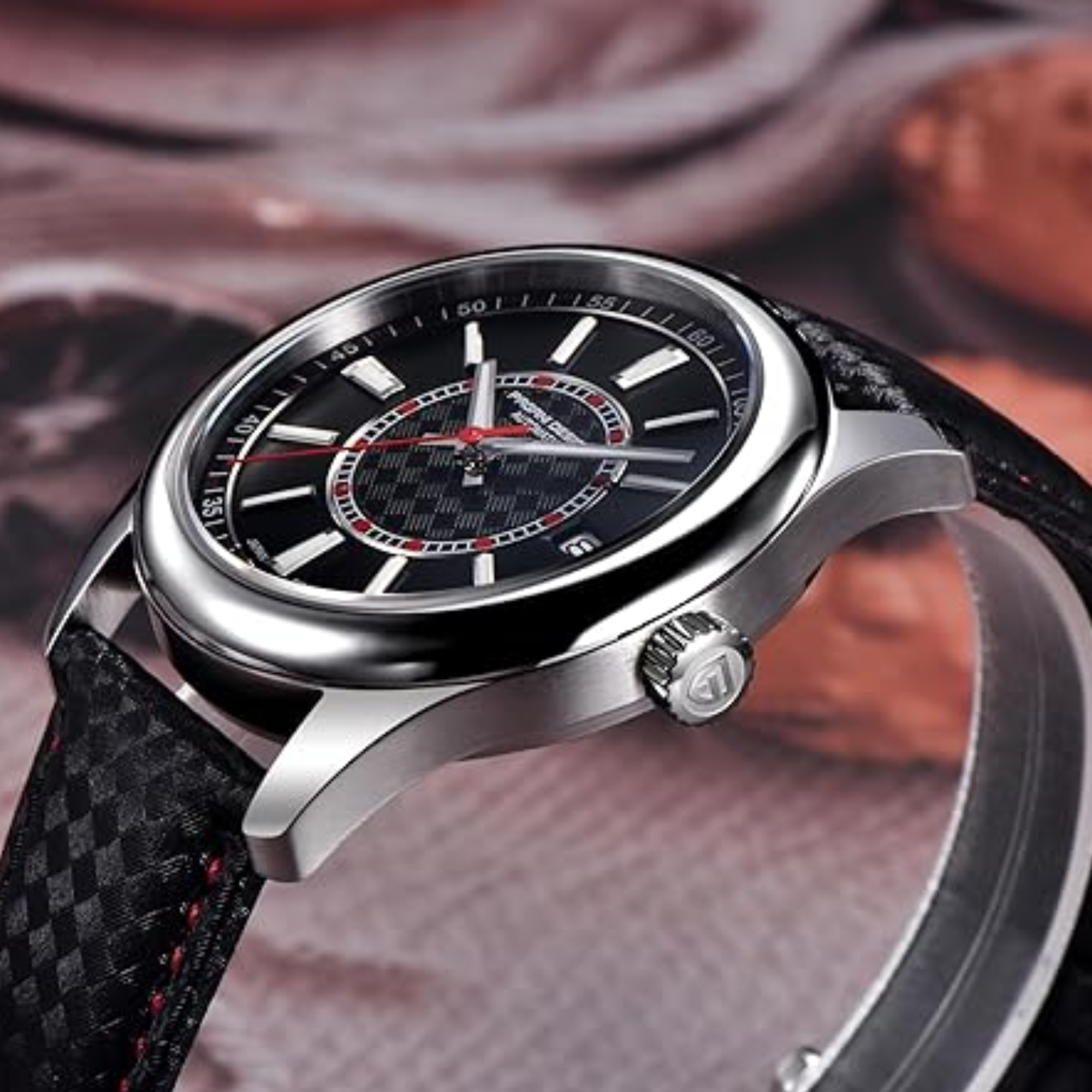 Pagani Design PD-1778 40 mm with Seiko NH35 Automatic Movement Sapphire Crystal Glass Braided With Leather Strap- Black Dial Red accents