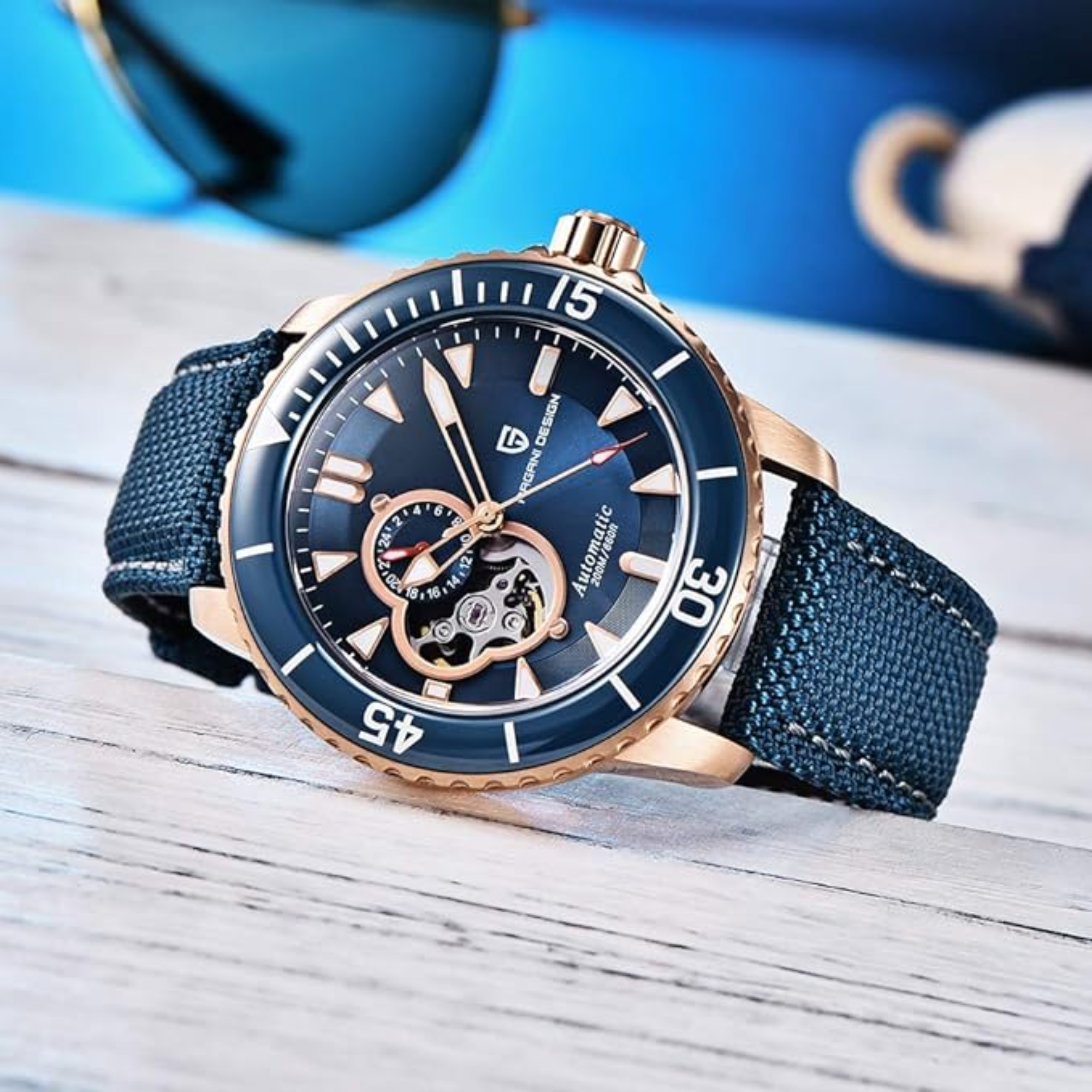 Pagani Design PD-1674 Men's Watches NH39A Automatic Mechanical Wrist Watch for Men C3/BGW9 Luxury Waterproof Stainless Steel Nylon Leather Watchband - Blue Golden Dial