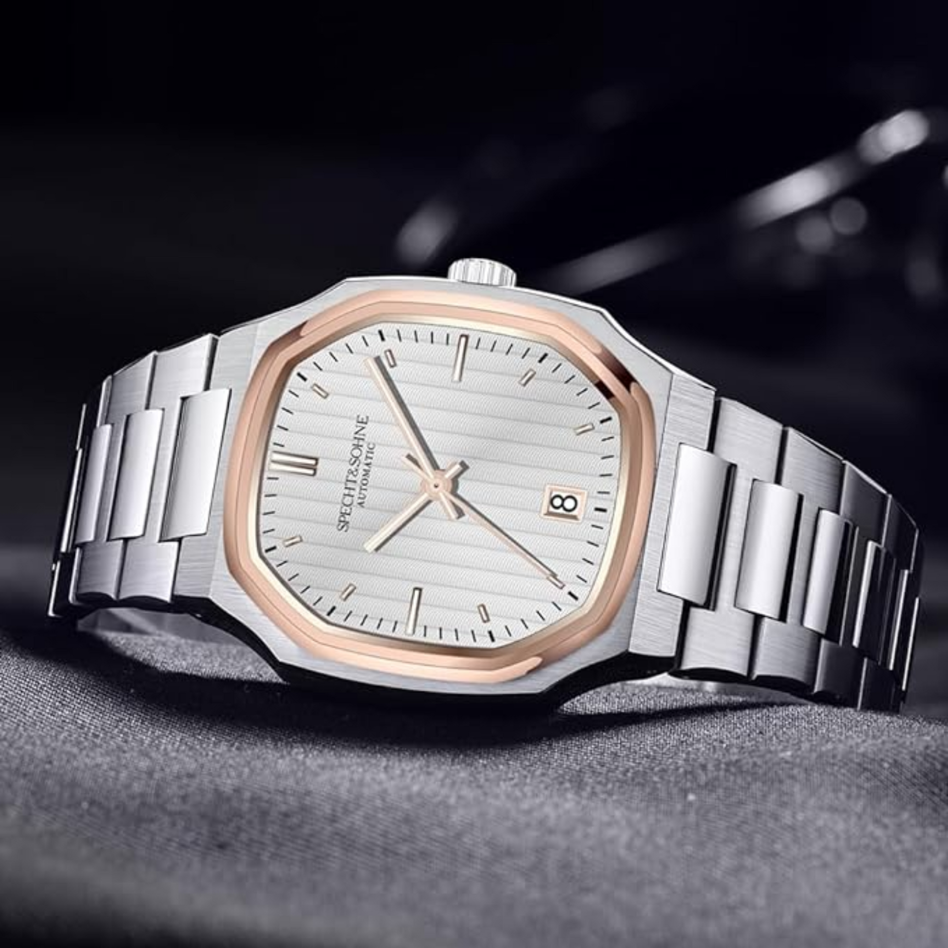 SPECHT & SOHNE 38MM Elegant Automatic Stainless Steel Sapphire Crystal - White/ Golden Bezel Dial