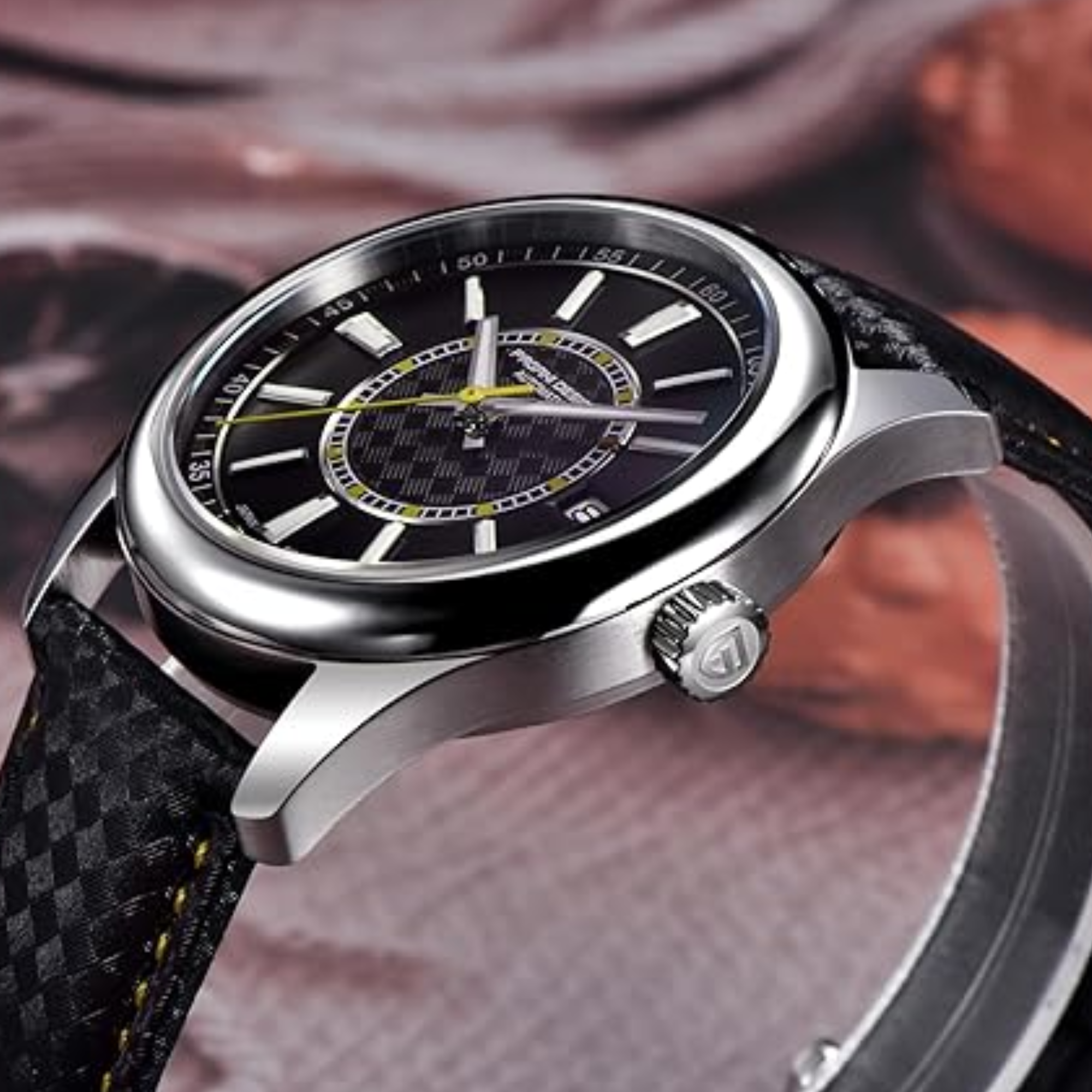 Pagani Design PD-1778 40 MM with Seiko NH35 Automatic Movement Sapphire Crystal Glass Braided With Leather Strap- Black Dial Yellow accents