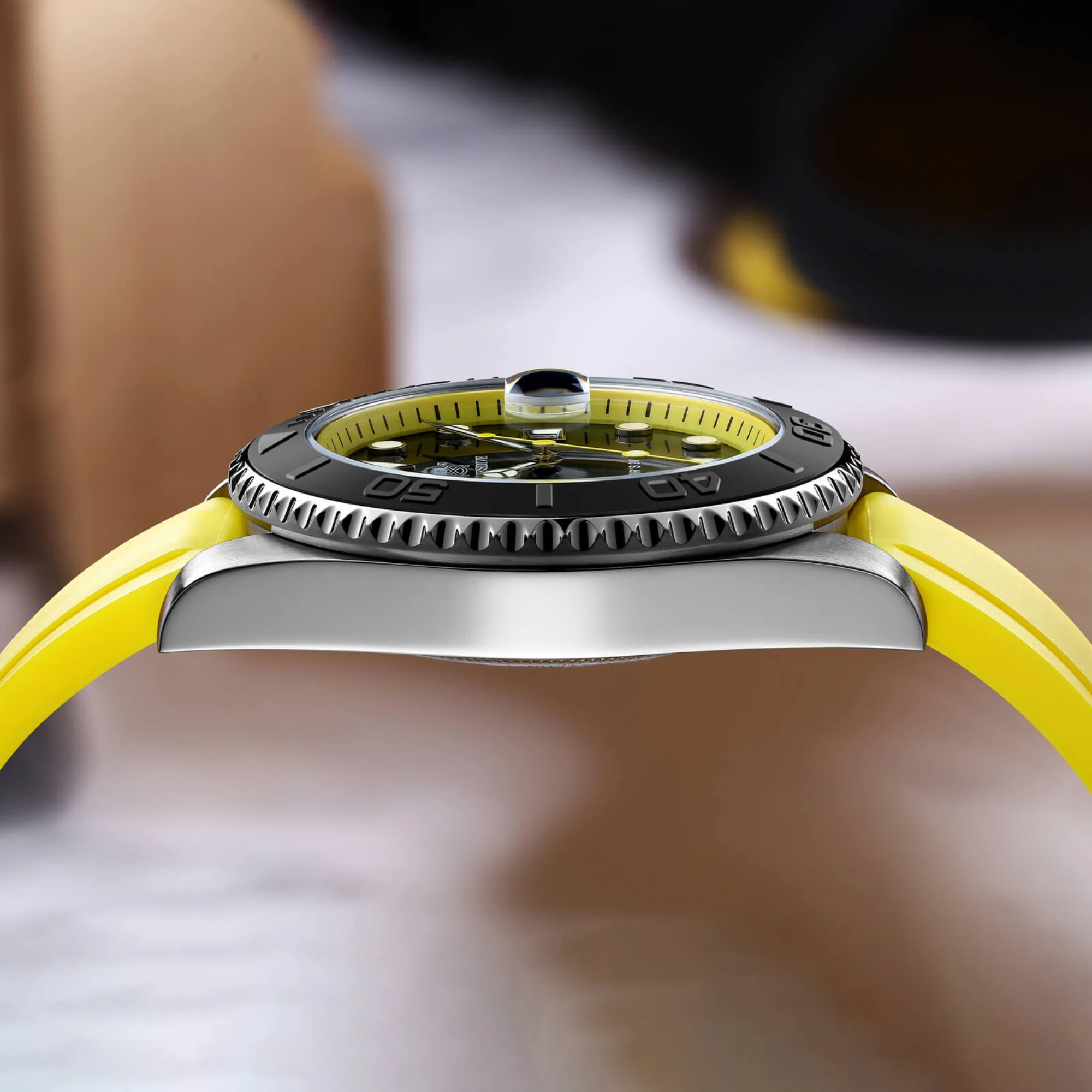 High End Curved FKM Rubber Watch Band With Oyster Style Deployment Clasp: 20 Mm - Yellow With Black Buckle