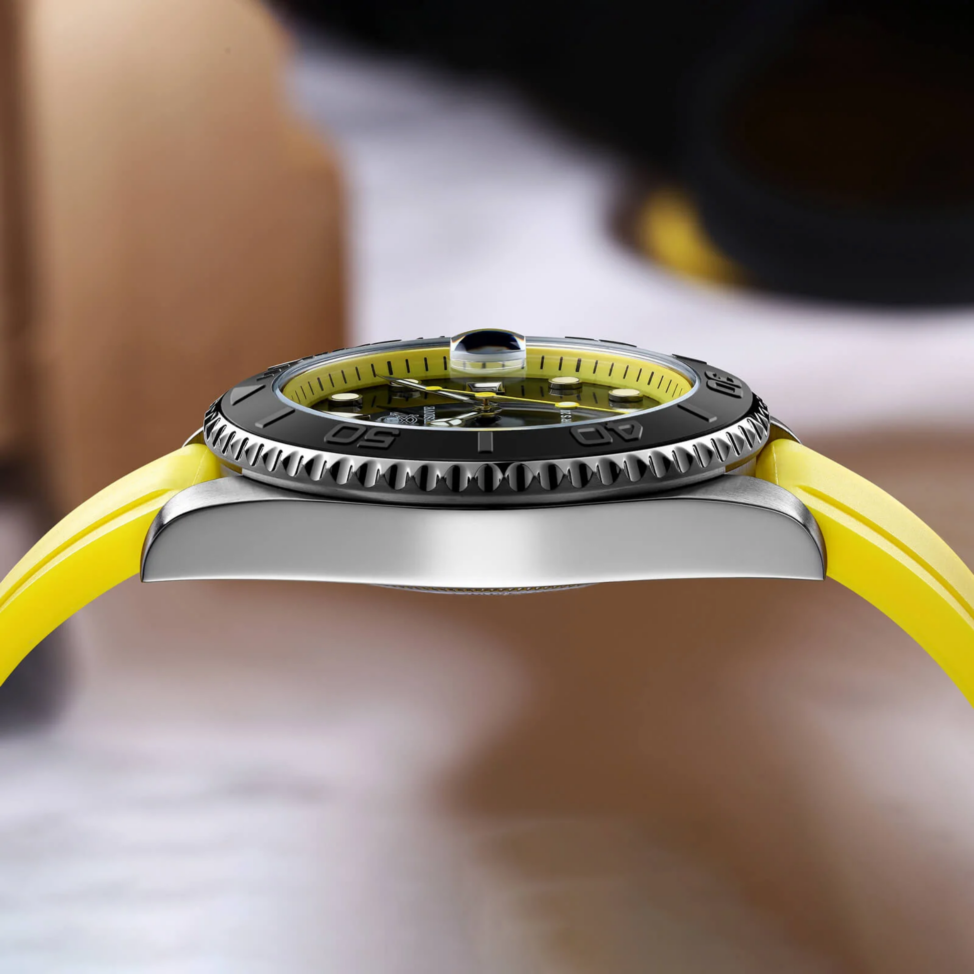 High End Curved FKM Rubber Watch Band With Oyster Style Deployment Clasp: 20 MM - Yellow With Rose Gold