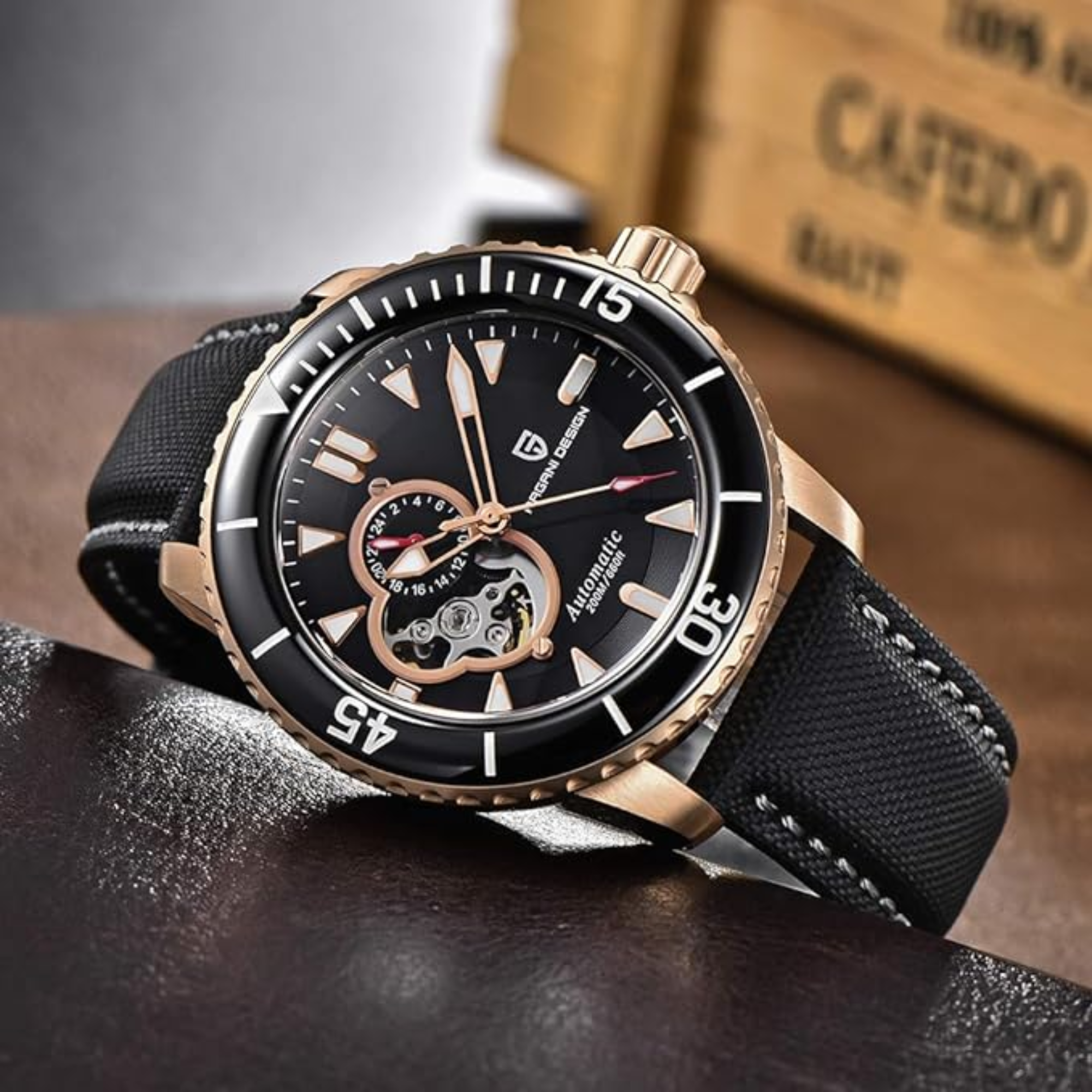 Pagani Design PD-1674 Men's Watches NH39A Automatic Mechanical Wrist Watch for Men C3/BGW9 Luxury Waterproof Stainless Steel Nylon Leather Watchband - Black Golden Dial