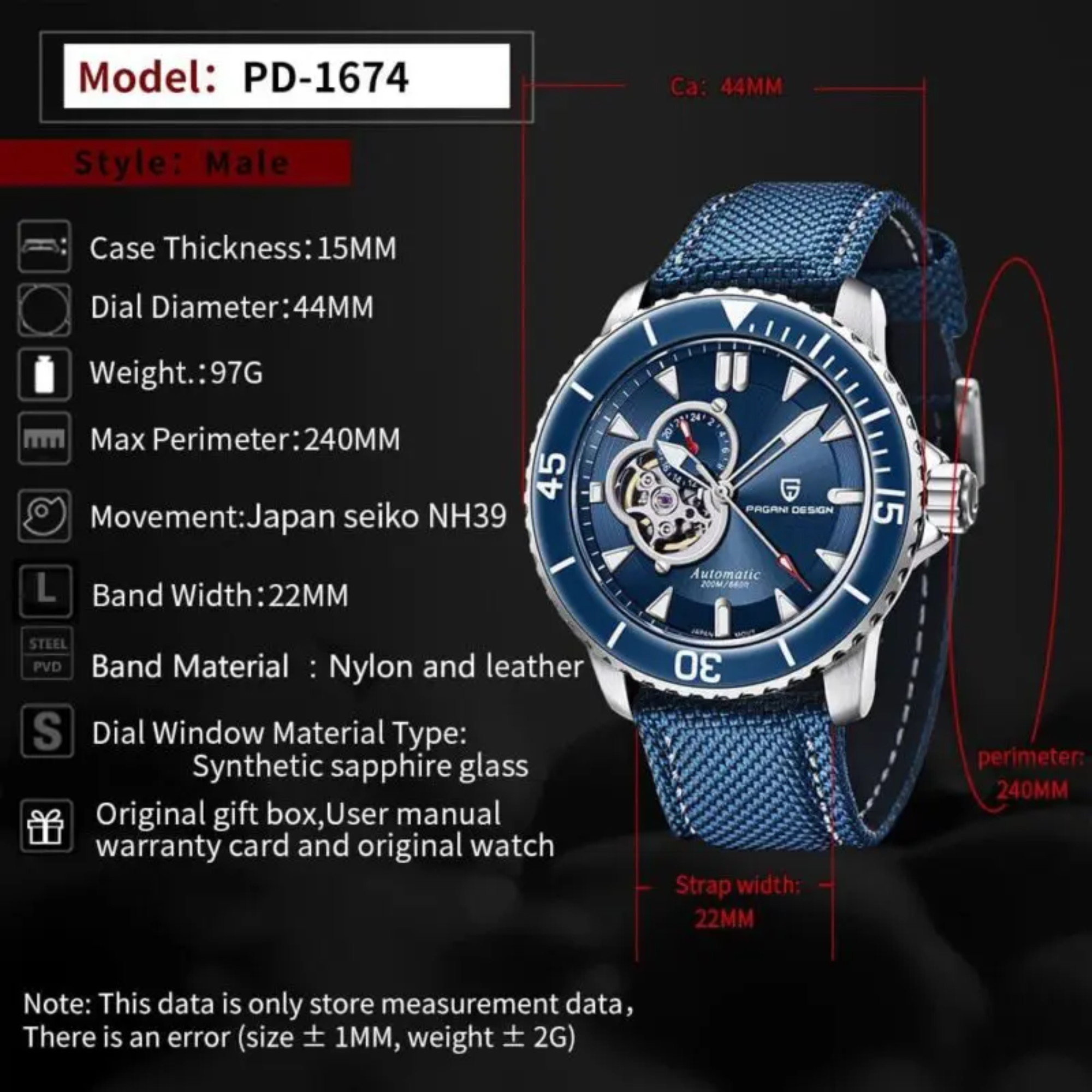 Pagani Design PD-1674 Men's Watches NH39A Automatic Mechanical Wrist Watch for Men C3/BGW9 Luxury Waterproof Stainless Steel Nylon Leather Watchband - Blue Golden Dial