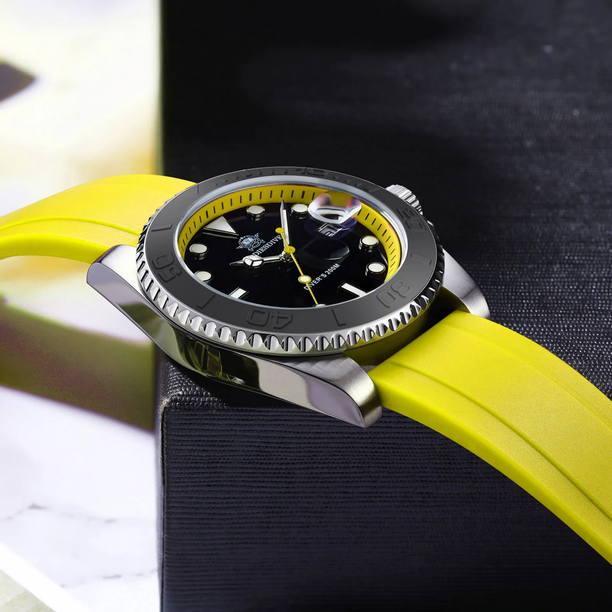 High End Curved FKM Rubber Watch Band With Oyster Style Deployment Clasp: 20 MM - Yellow With Rose Gold