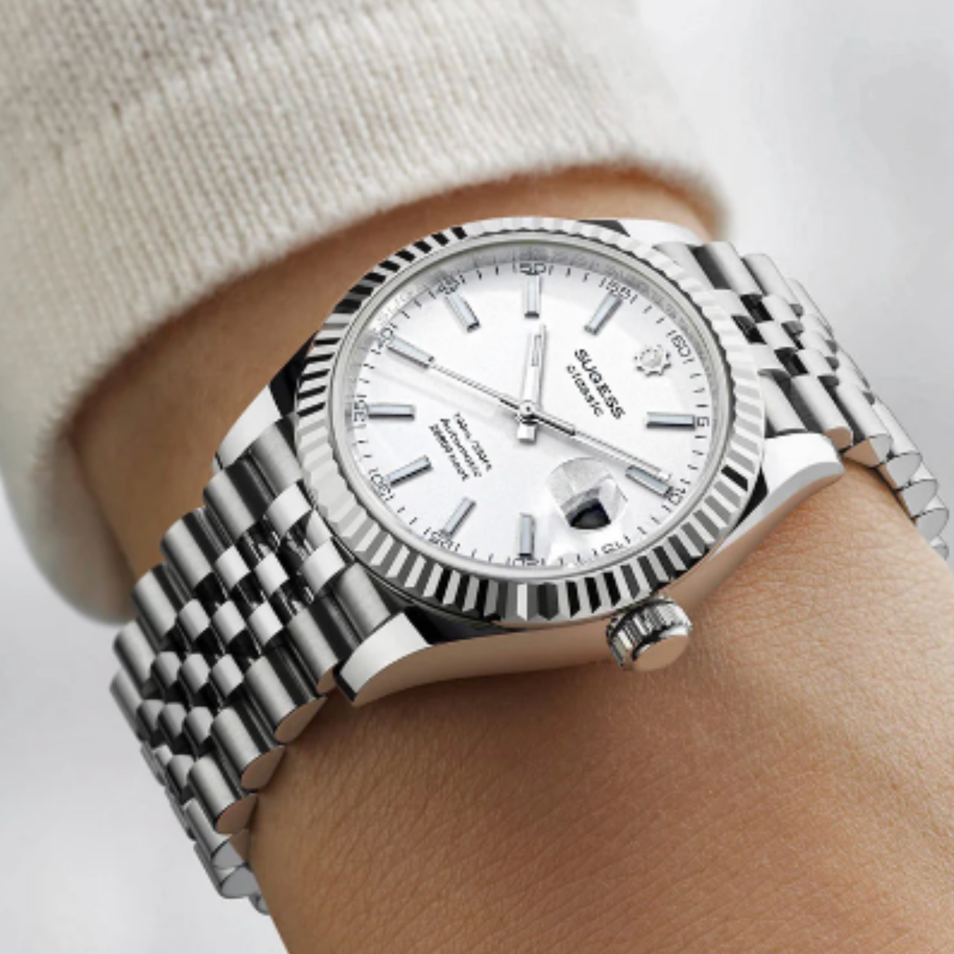 Sugess S448 White Dial Fluted Bezel Jubilee Bracelet ST2130
