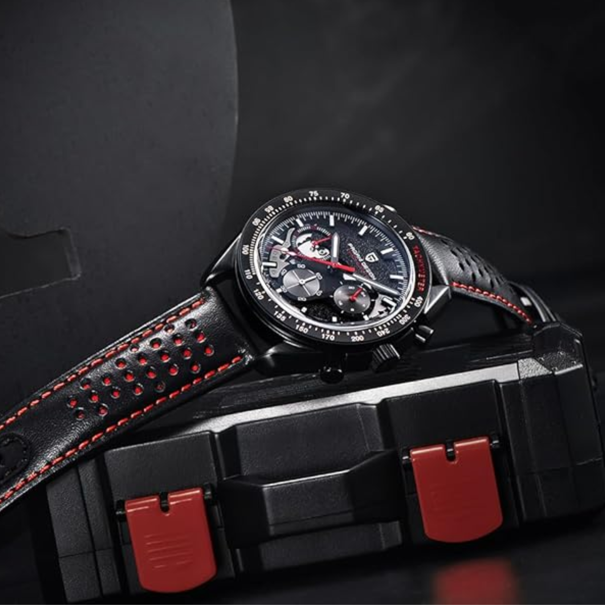 Pagani Design PD-1779 Moon Back Men's Watches Luxury Quartz Watch Men Skeleton Sport Chronograph AR Sapphire Glass Wrist Watch - Red