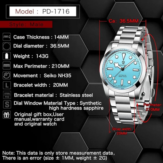 Pagani Design PD-1716 36MM Snowflake Hands with Seiko NH35 Automatic Movement - Sky-Blue Dial