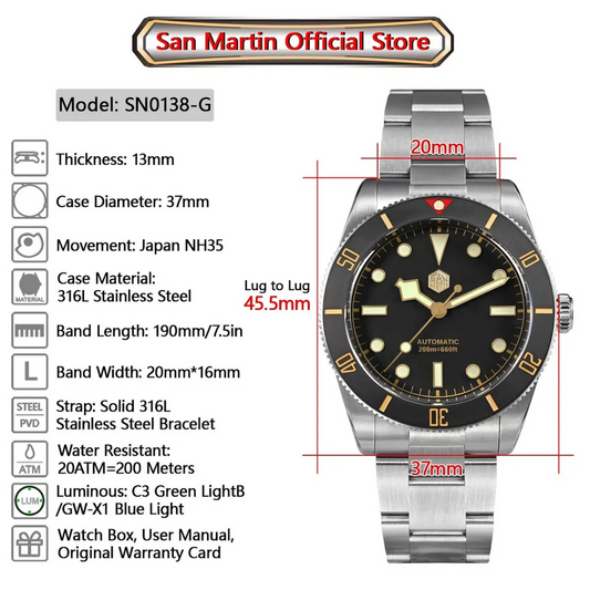 San Martin 37mm BB54 Diver Watch NH35 Vintage Watch SN0138G