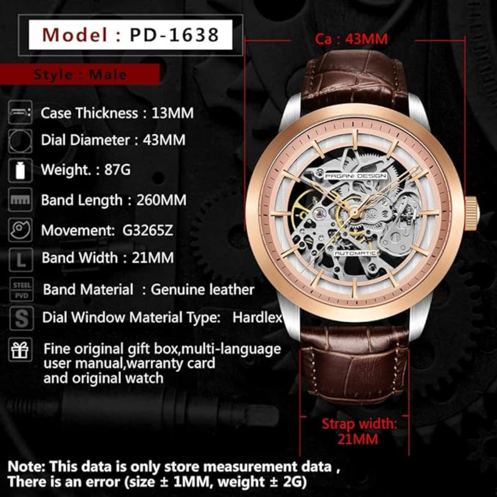 Pagani Design PD-1638 2023 Men's Automatic Skeleton Mechanical Automatic Stainless Steel Watch With Leather Strap Pointer Series 100 Meters Waterproof