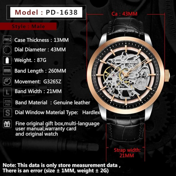 Pagani Design PD-1638 2023 Men's Automatic Skeleton Mechanical Automatic Stainless Steel Watch With Leather Strap Pointer Series 100 Meters Waterproof