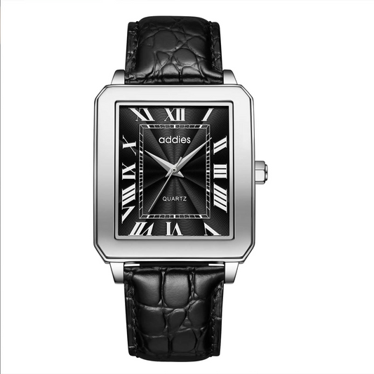 ADDIES Men's Quartz Analog Watch with Square Dial Leather Strap（MY-RM05）- Black Dial