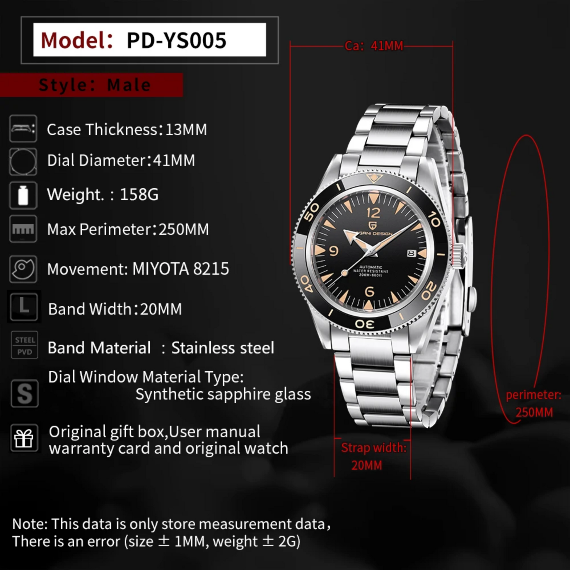 Pagani Design YS005 41MM (Japan Miyota 8215 Automatic Movement) Mechanical Watch 200M Waterproof Dive Watch Stainless Steel Bracelet Watch