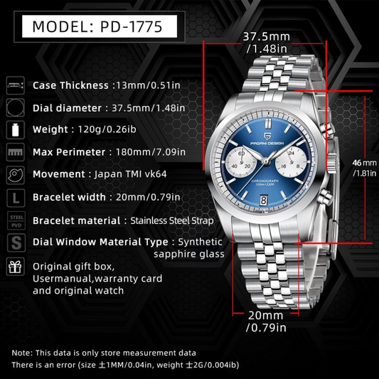 Pagani Design PD-1775 Men's Quartz Mechanical Waterproof Chronograph Fashion Trend - Blue Dial