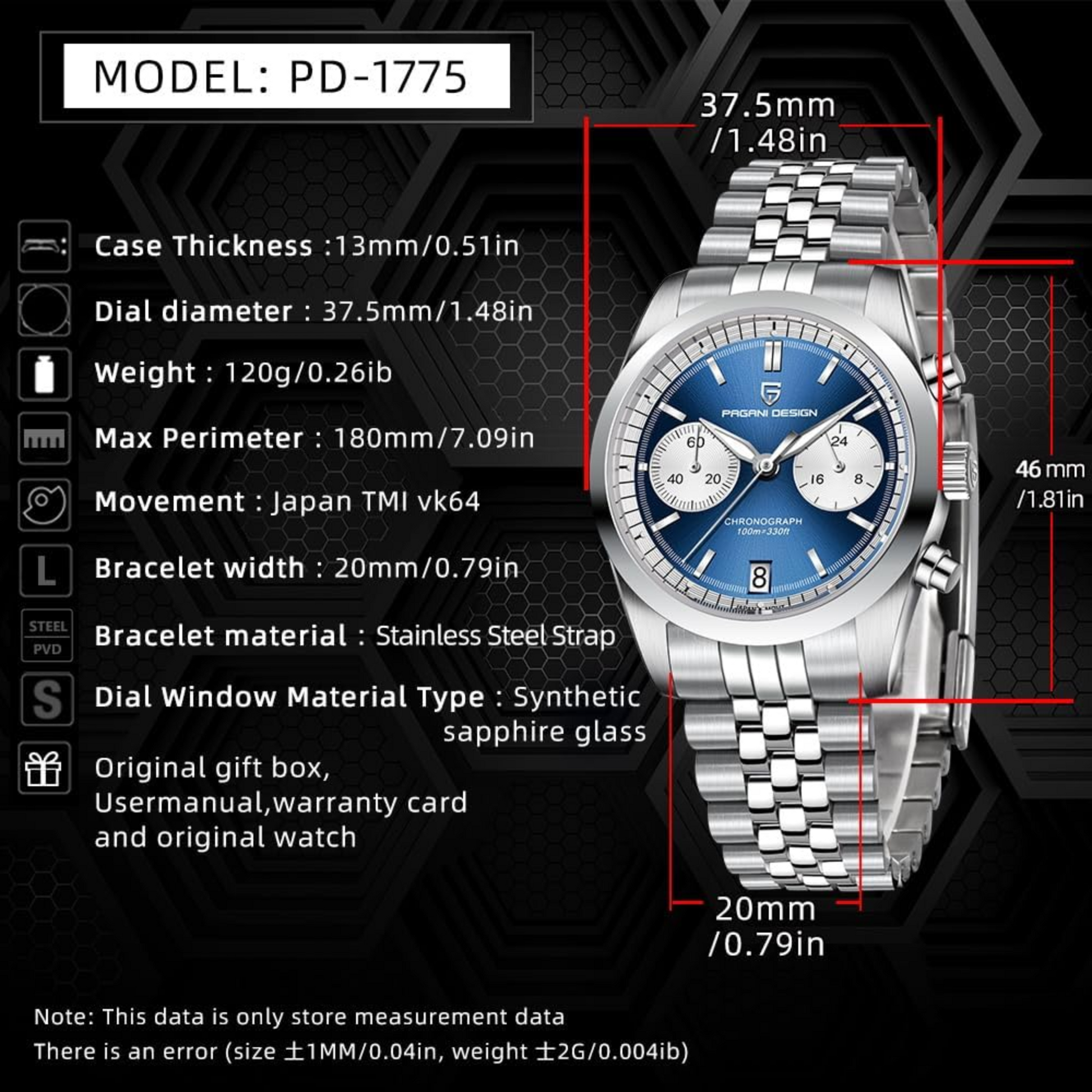 Pagani Design PD-1775 Men's Quartz Mechanical Waterproof Chronograph Fashion Trend - Blue Dial