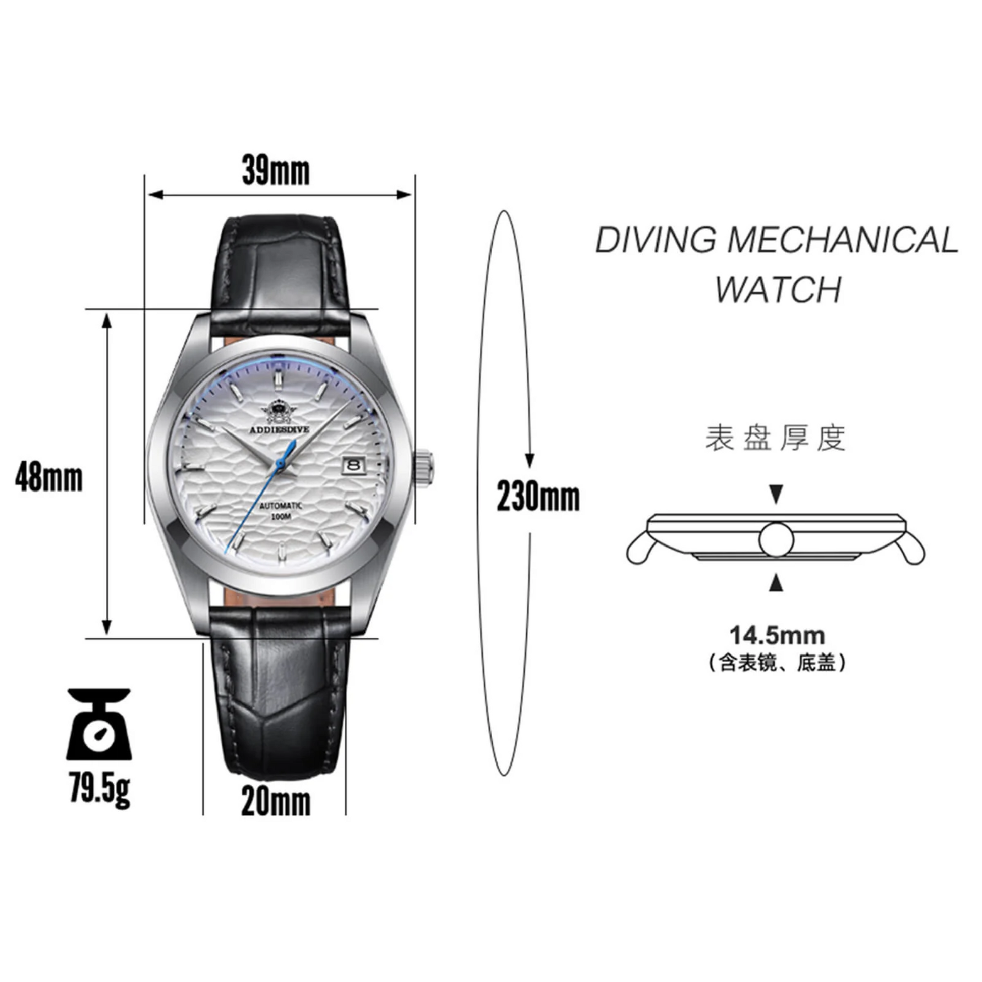 ADDIESDIVE Men's Stainless Steel White Dial with Black Leather Strap AD2118