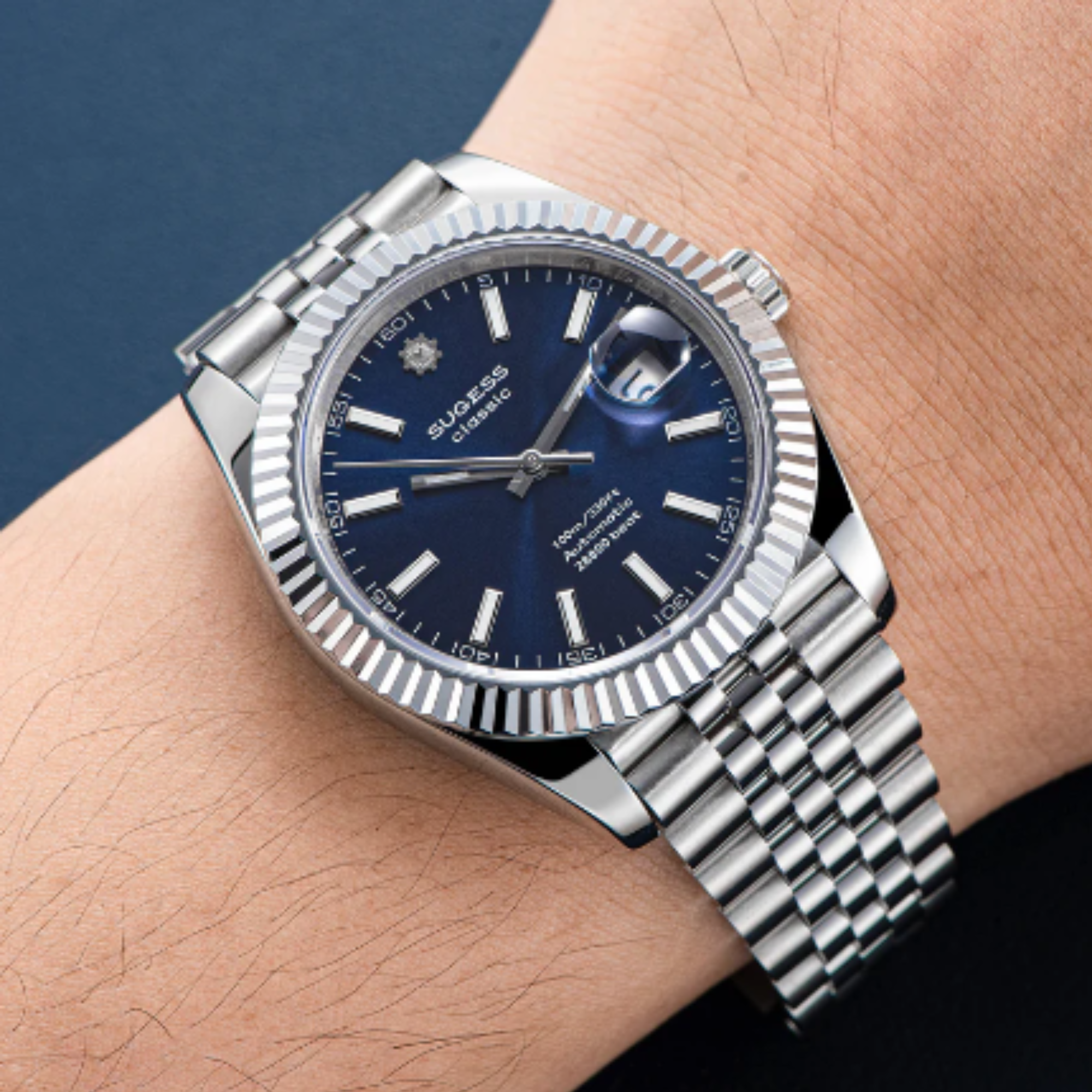 Sugess Automatic Classic S448 Deep Blue Dial Fluted Bezel Jubilee Bracelet ST2130