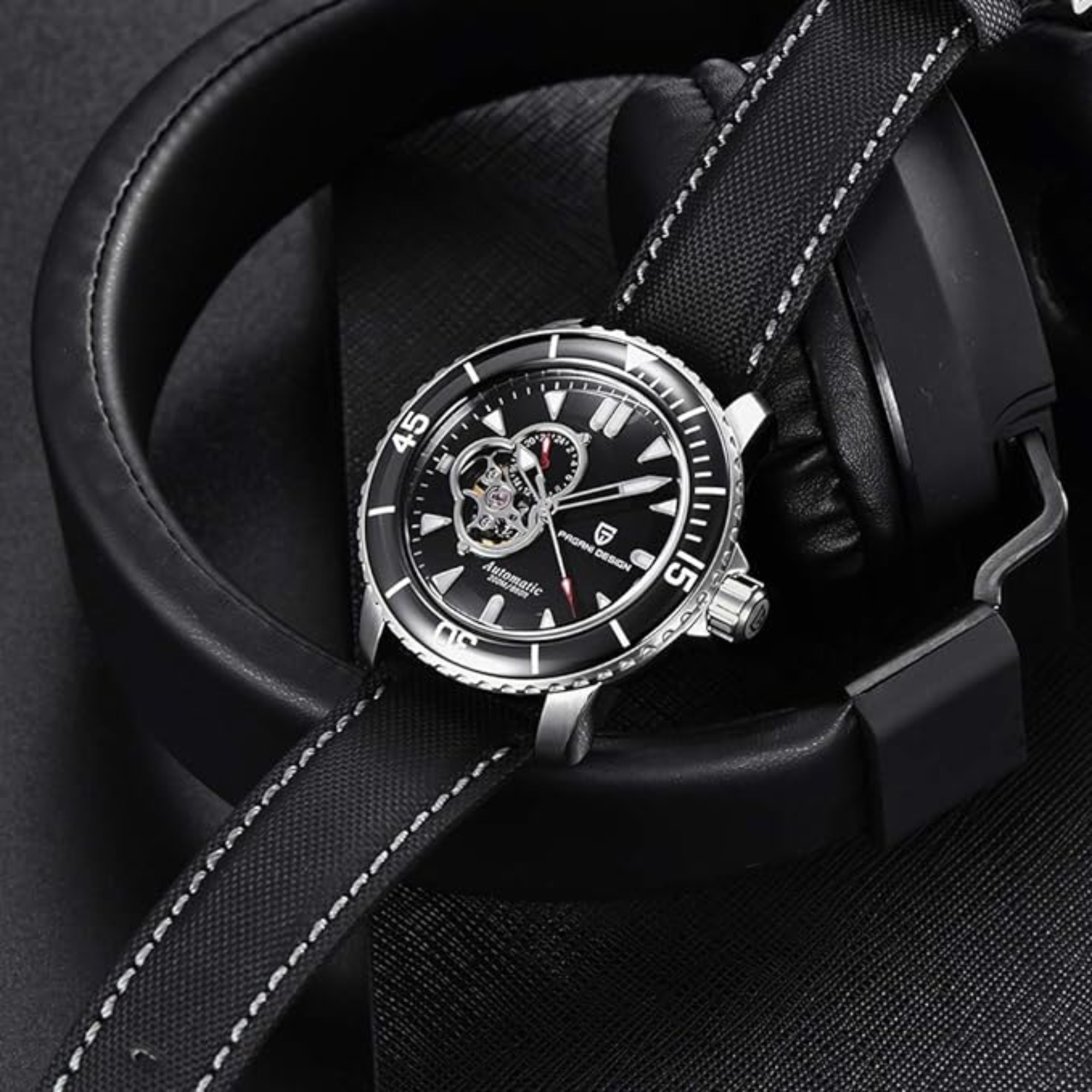 Pagani Design PD-1674 Men's Watches NH39A Automatic Mechanical Wrist Watch for Men C3/BGW9 Luxury Waterproof Stainless Steel Nylon Leather Watchband - Black Dial