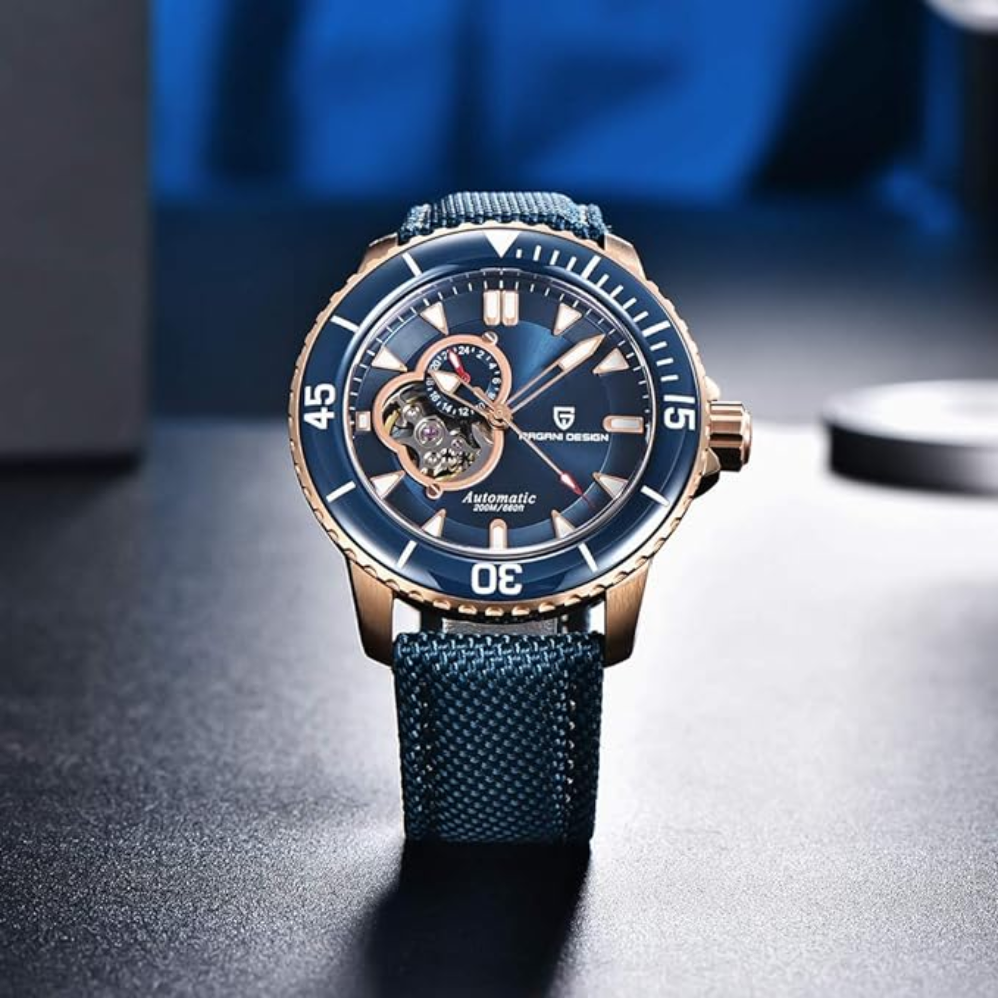 Pagani Design PD-1674 Men's Watches NH39A Automatic Mechanical Wrist Watch for Men C3/BGW9 Luxury Waterproof Stainless Steel Nylon Leather Watchband - Blue Golden Dial