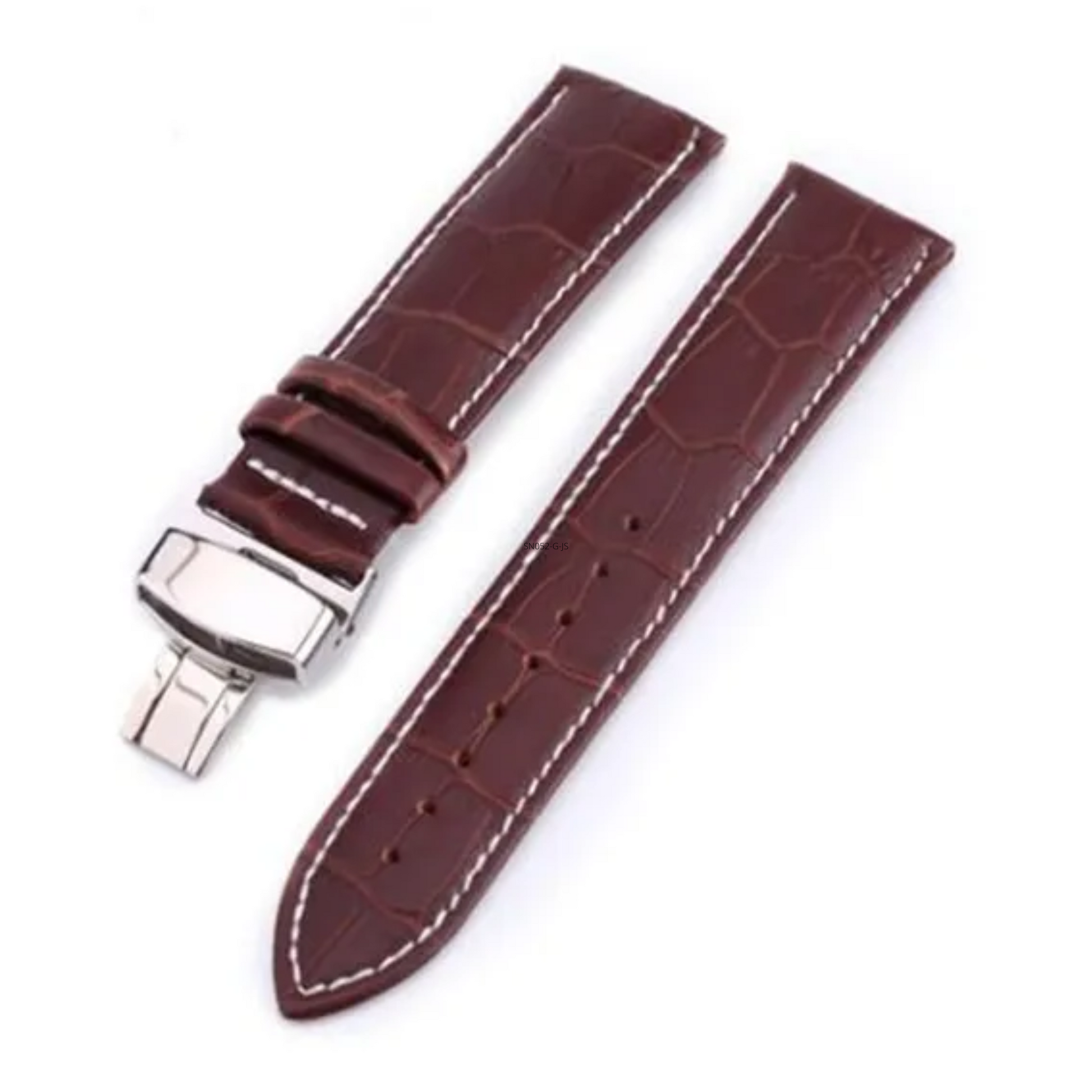 Quality Leather Watchbands Watch Band/Strap with butterfly buckle - Brown with White stiching (20 mm)