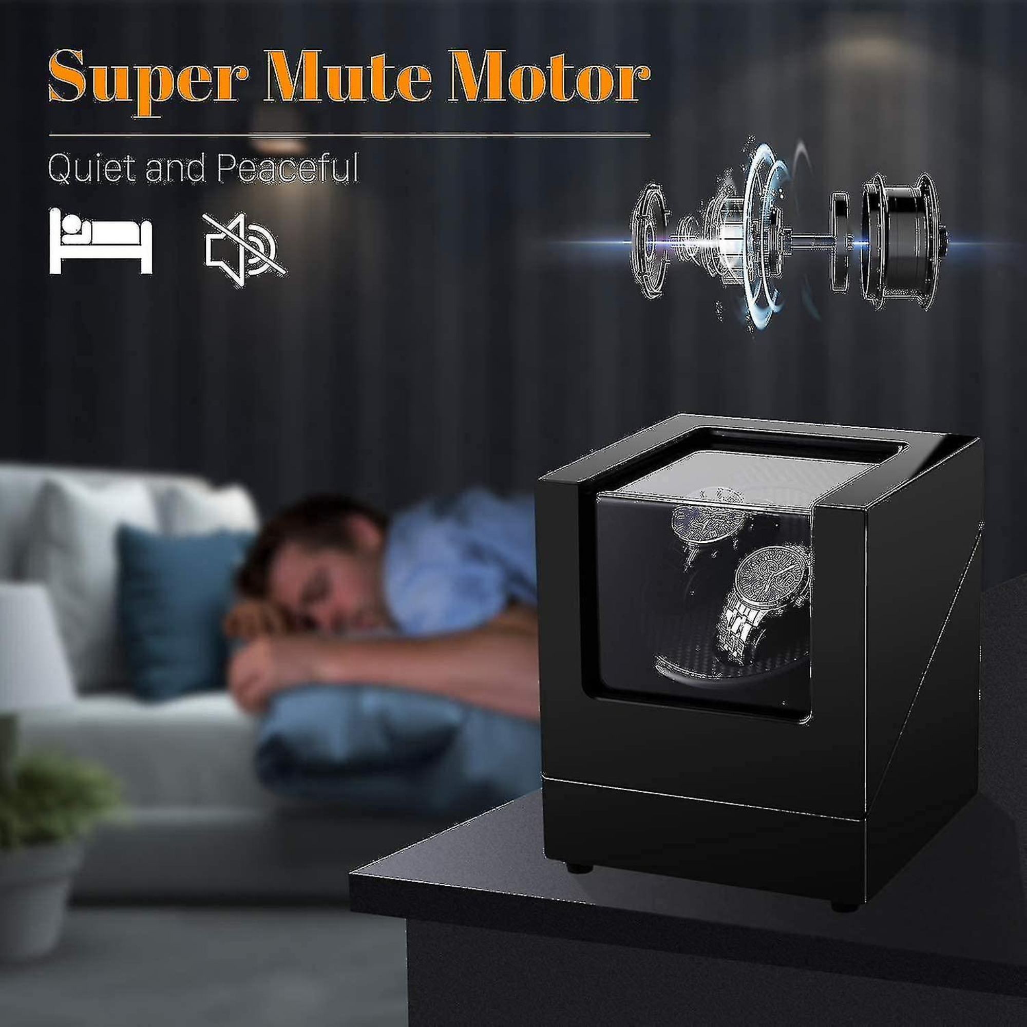 Automatic Double Watch Winder Box Luxurious Wooden Shell Piano Paint Exterior & Silent Wrist Watch Motor: Black-Carbon Fiber