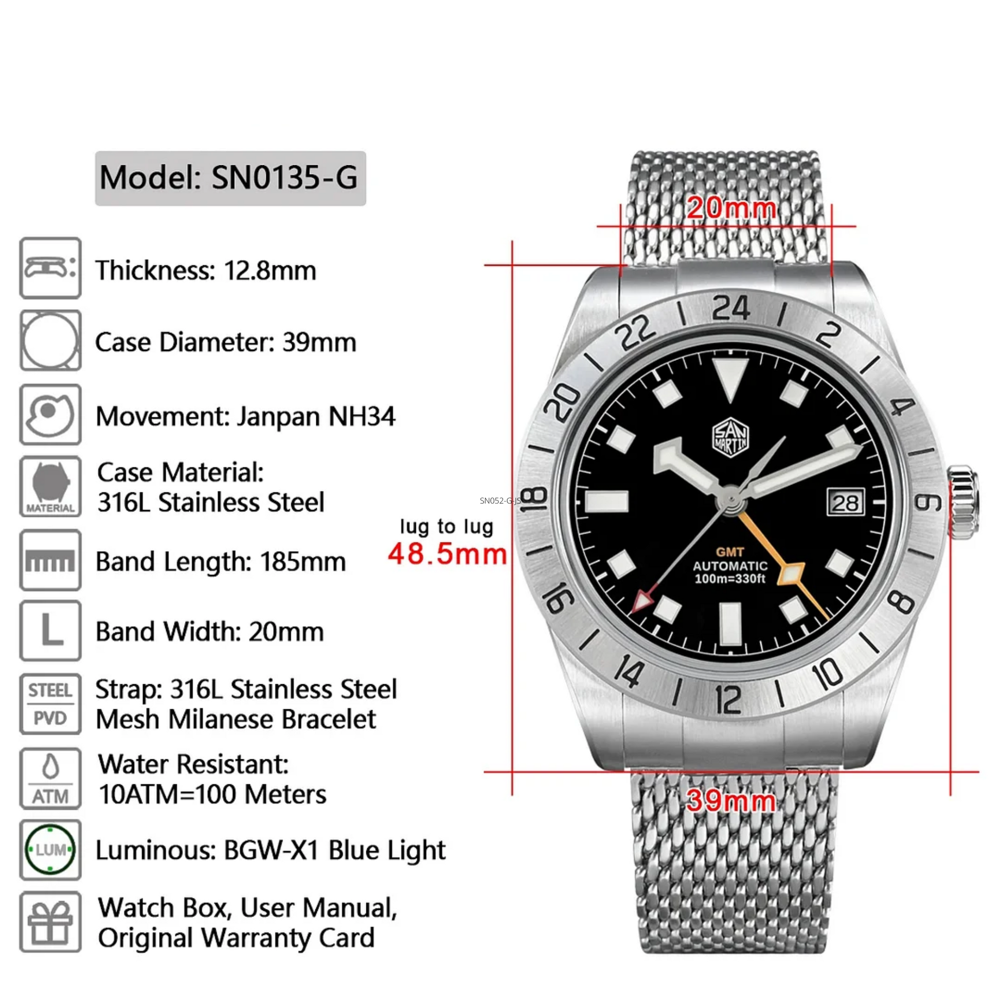 San Martin New 39mm GMT Watch Luxury NH34 SN0135 - Black