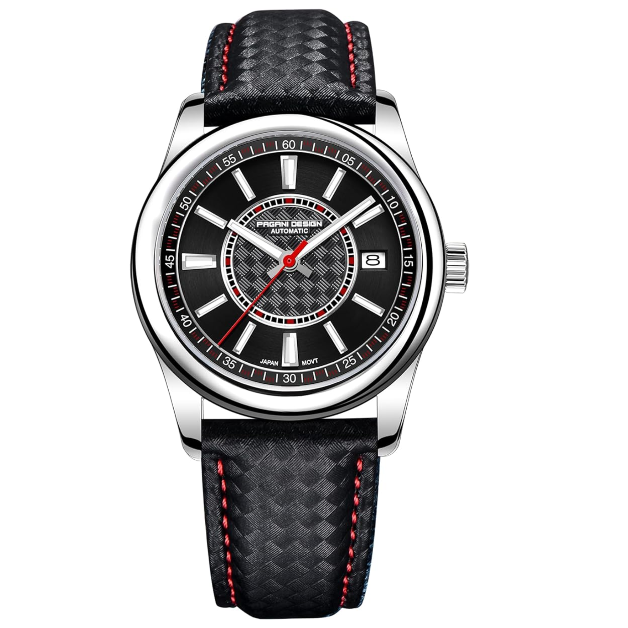 Pagani Design PD-1778 40 mm with Seiko NH35 Automatic Movement Sapphire Crystal Glass Braided With Leather Strap- Black Dial Red accents