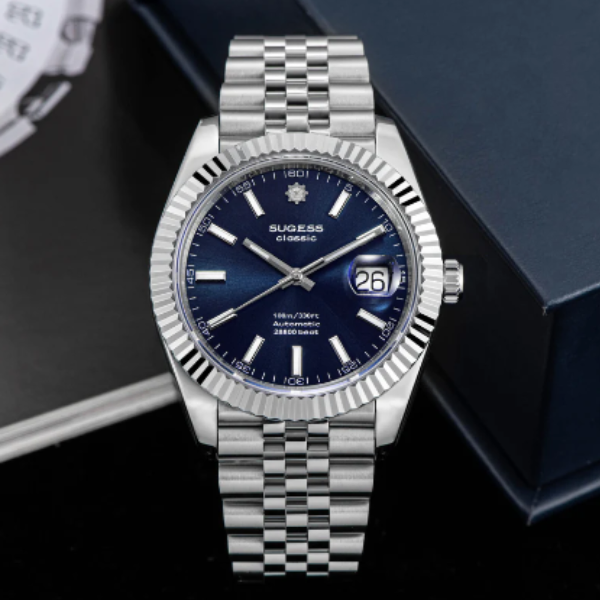 Sugess Automatic Classic S448 Deep Blue Dial Fluted Bezel Jubilee Bracelet ST2130