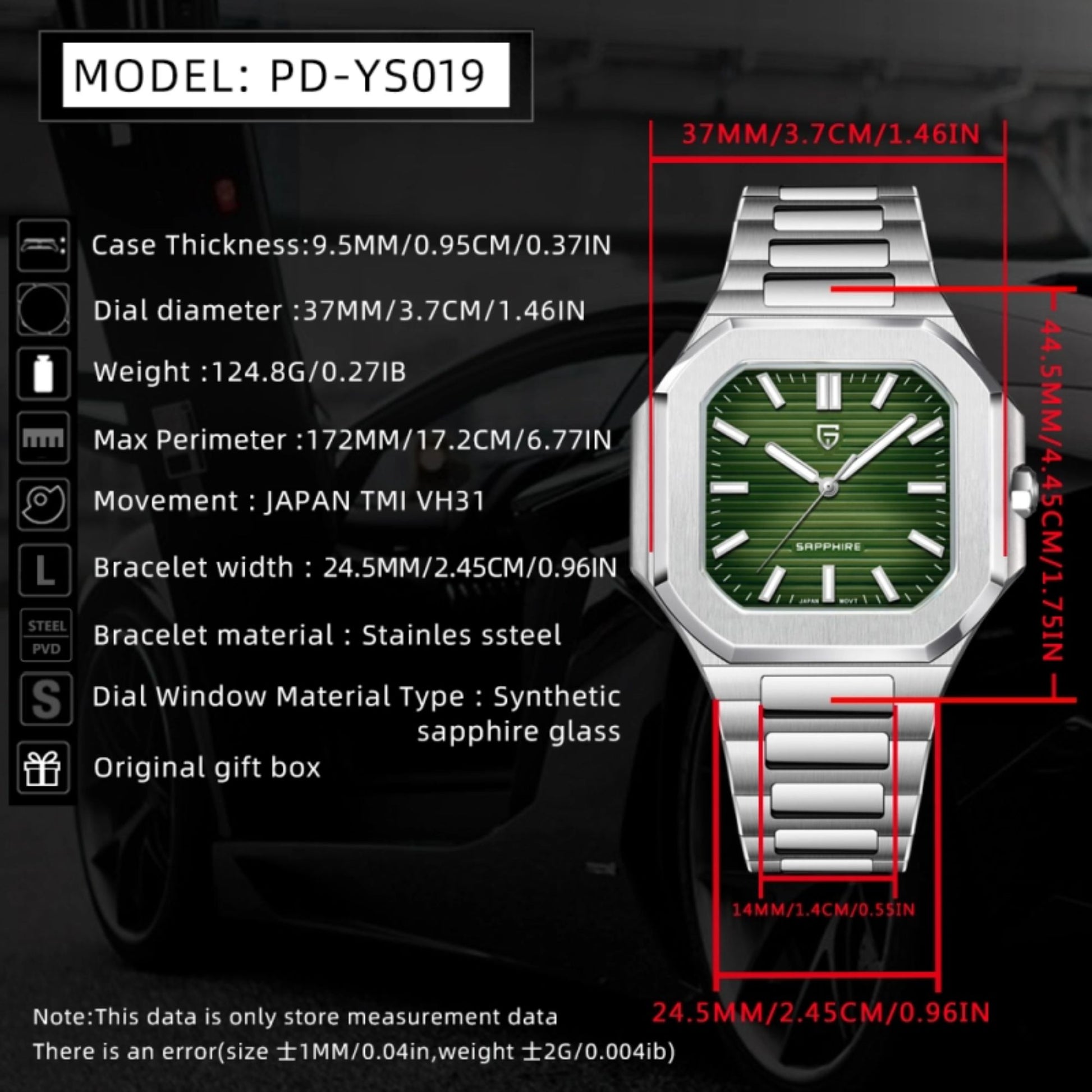 PAGANI DESIGN PD-YS019 Men's 37MM Stainless Steel Sports Waterproof Business Wrist Watch with Seiko VH31 Sweep Seconds - Cubitus