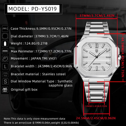 PAGANI DESIGN PD-YS019 Men's 37MM Stainless Steel Sports Waterproof Business Wrist Watch with Seiko VH31 Sweep Seconds - Cubitus