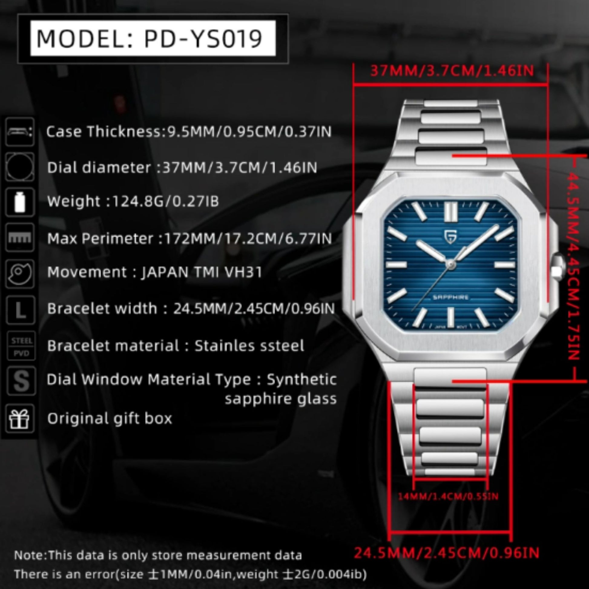 PAGANI DESIGN PD-YS019 Men's 37MM Stainless Steel Sports Waterproof Business Wrist Watch with Seiko VH31 Sweep Seconds - Cubitus