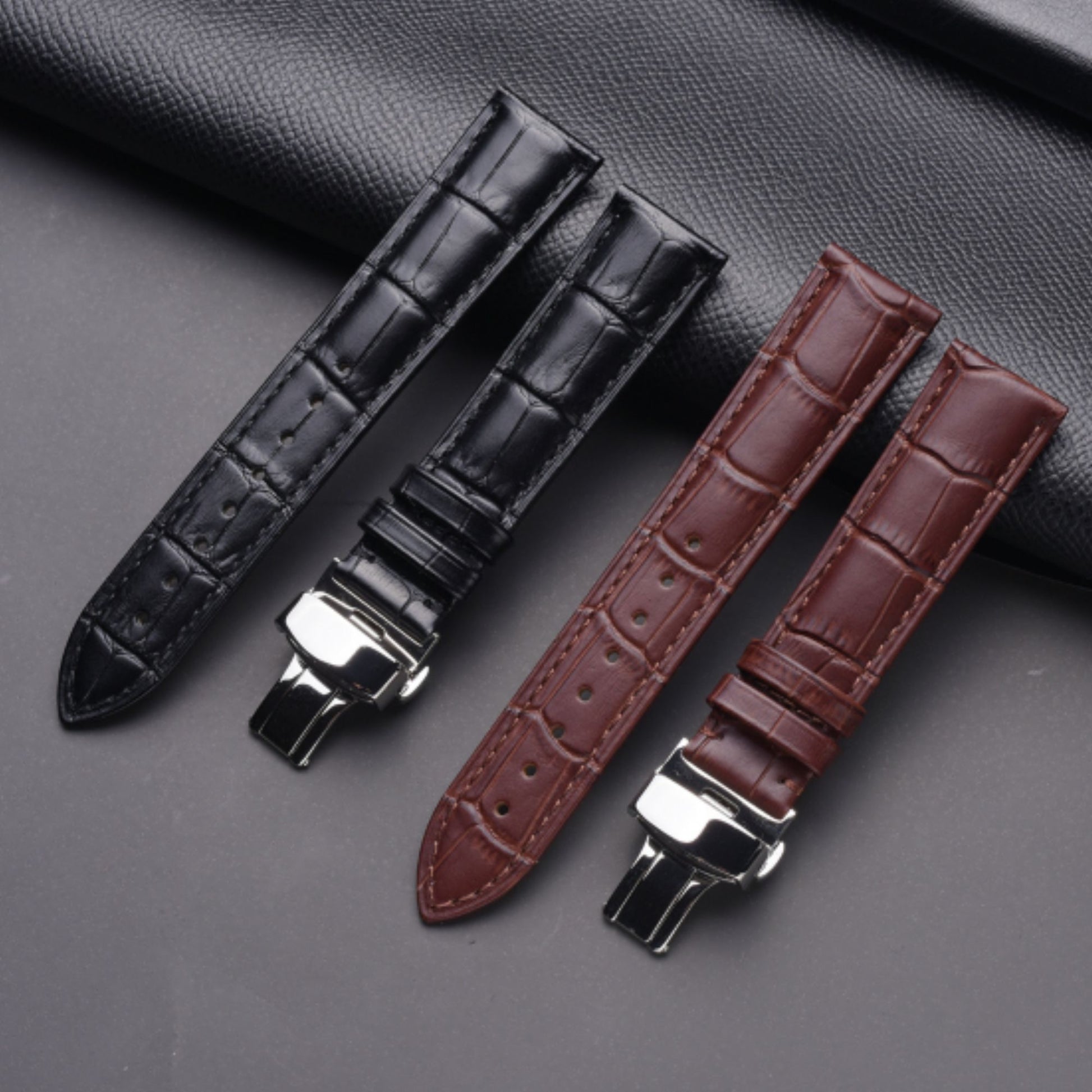 Quality Leather Watchbands Watch Band/Strap with butterfly buckle - Black (22 mm)
