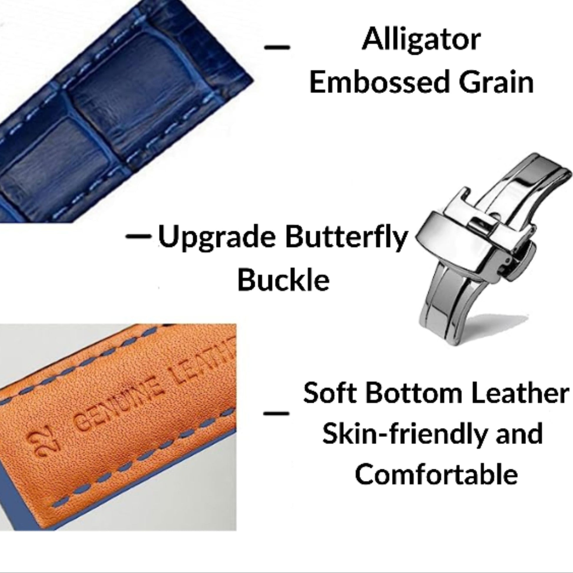 Quality Leather Watchbands Watch Band/Strap with butterfly buckle - Black (22 mm)