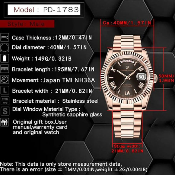 Pagani Design DD40 PD-1783 Men's Luxury Automatic Watch with AR Sapphire Glass and NH36A Movement - Rose Gold - Blue