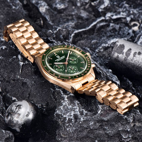 Pagani Design PD-1701 Speedmaster Moonwatch Men's 40mm Seiko VK63 Chronograph Quartz Watch Sapphire Crystal 100m Waterproof - Golden Green