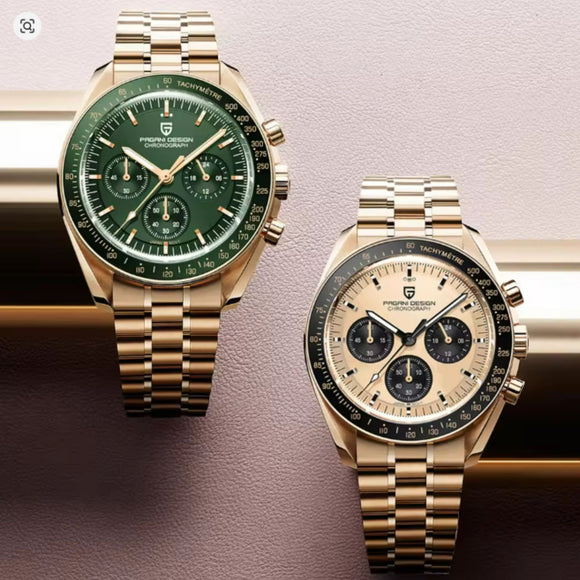 Pagani Design PD-1701 Speedmaster Moonwatch Men's 40mm Seiko VK63 Chronograph Quartz Watch Sapphire Crystal 100m Waterproof - Golden Green
