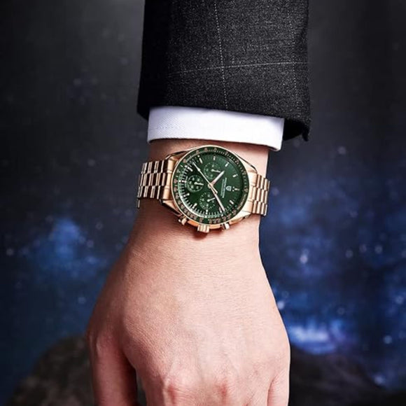 Pagani Design PD-1701 Speedmaster Moonwatch Men's 40mm Seiko VK63 Chronograph Quartz Watch Sapphire Crystal 100m Waterproof - Golden Green