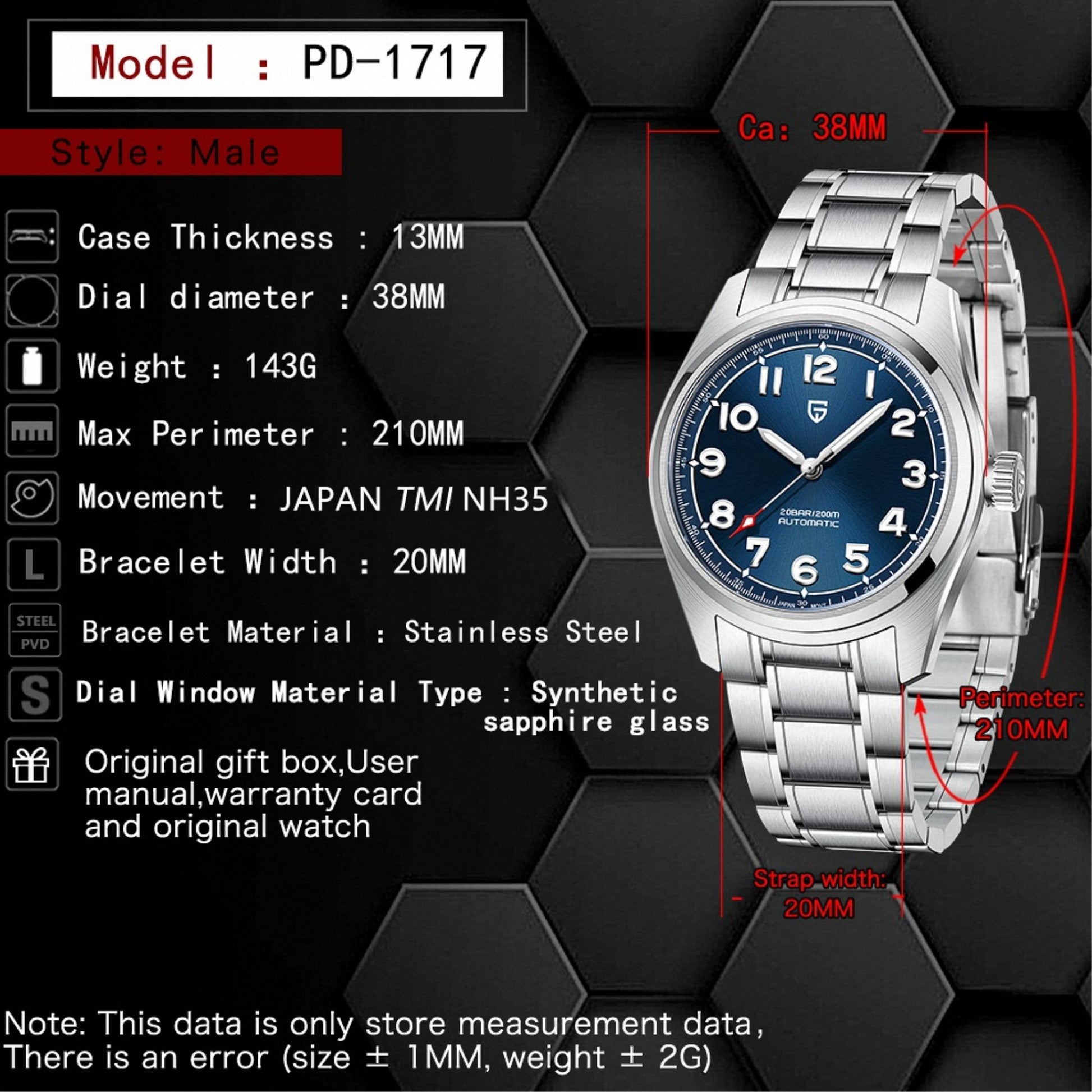 Pagani Design PD-1717 38 MM (Japan NH35A Automatic Movement) AR Coating Mechanical Watch Stainless Steel Watch Spirit Pilot Homage V2- Blue