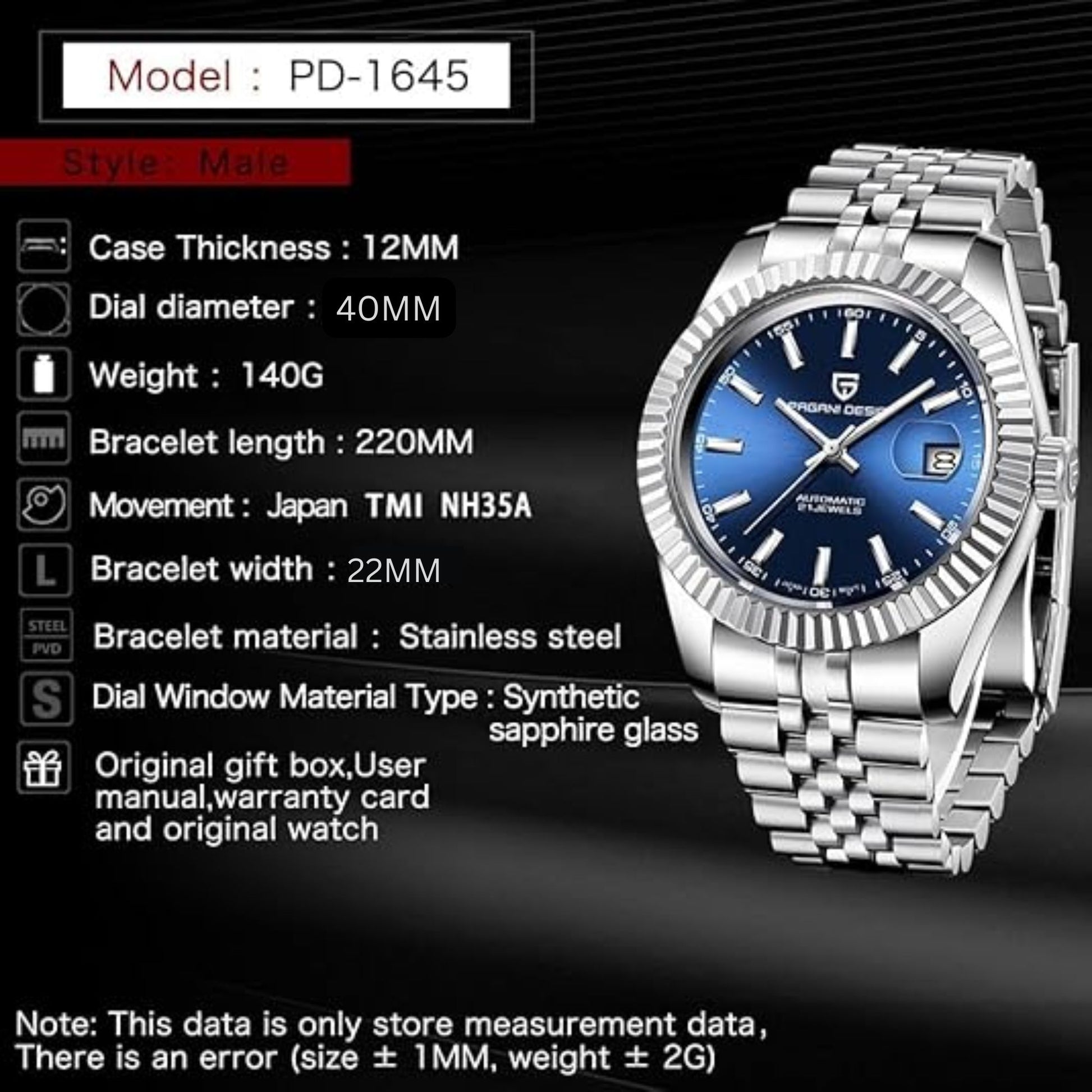 Pagani Design PD-1645 DateJust (Seiko NH-35A Automatic Movement) Mechanical Watch 200M Waterproof Watch Stainless Steel Watch Fluted Bezel (Blue Dial - Jubilee Bracelet)