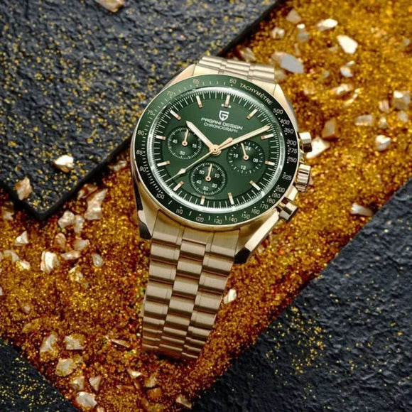 Pagani Design PD-1701 Speedmaster Moonwatch Men's 40mm Seiko VK63 Chronograph Quartz Watch Sapphire Crystal 100m Waterproof - Golden Green